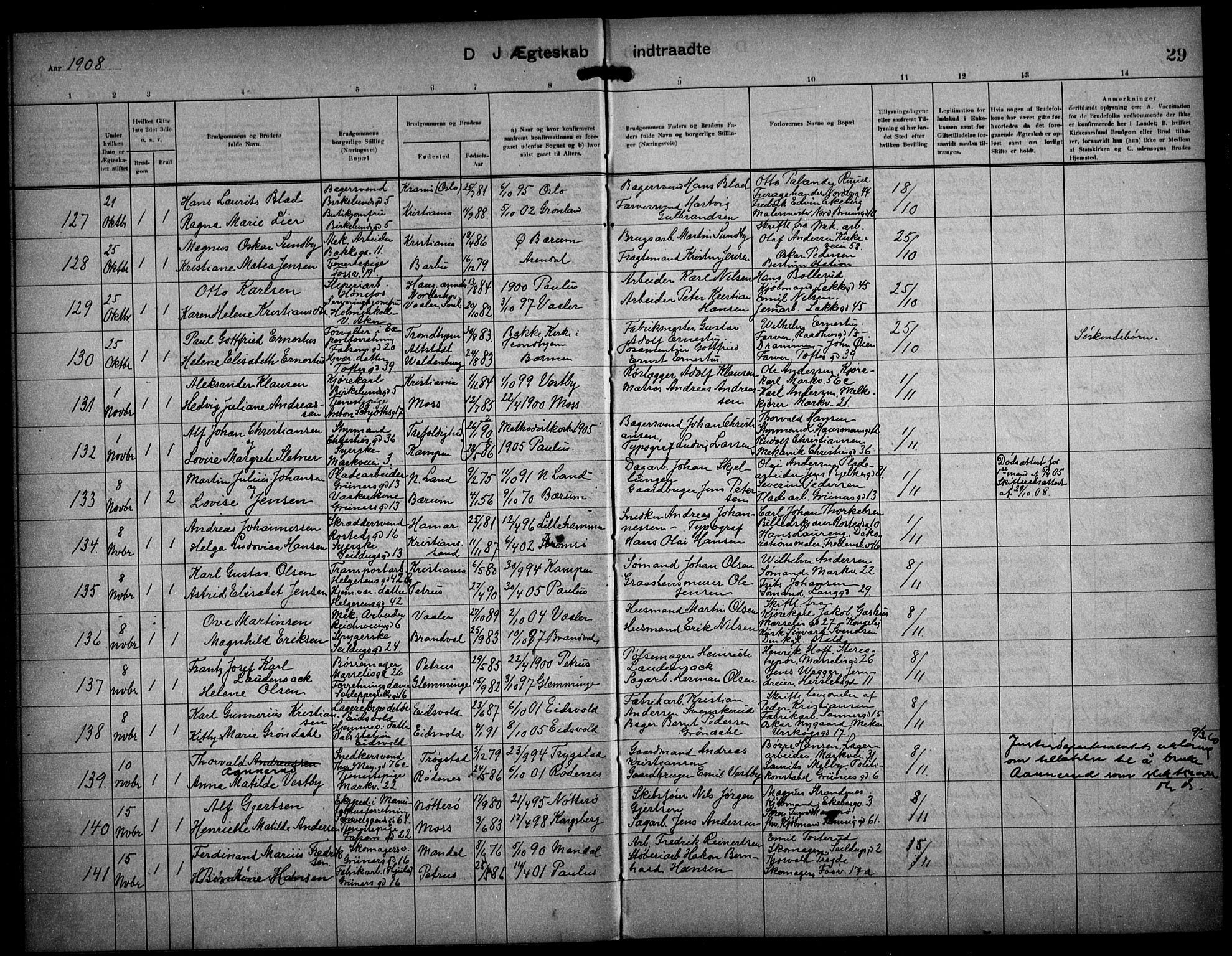 Paulus prestekontor Kirkebøker, AV/SAO-A-10871/F/Fa/L0017: Parish register (official) no. 17, 1906-1917, p. 29