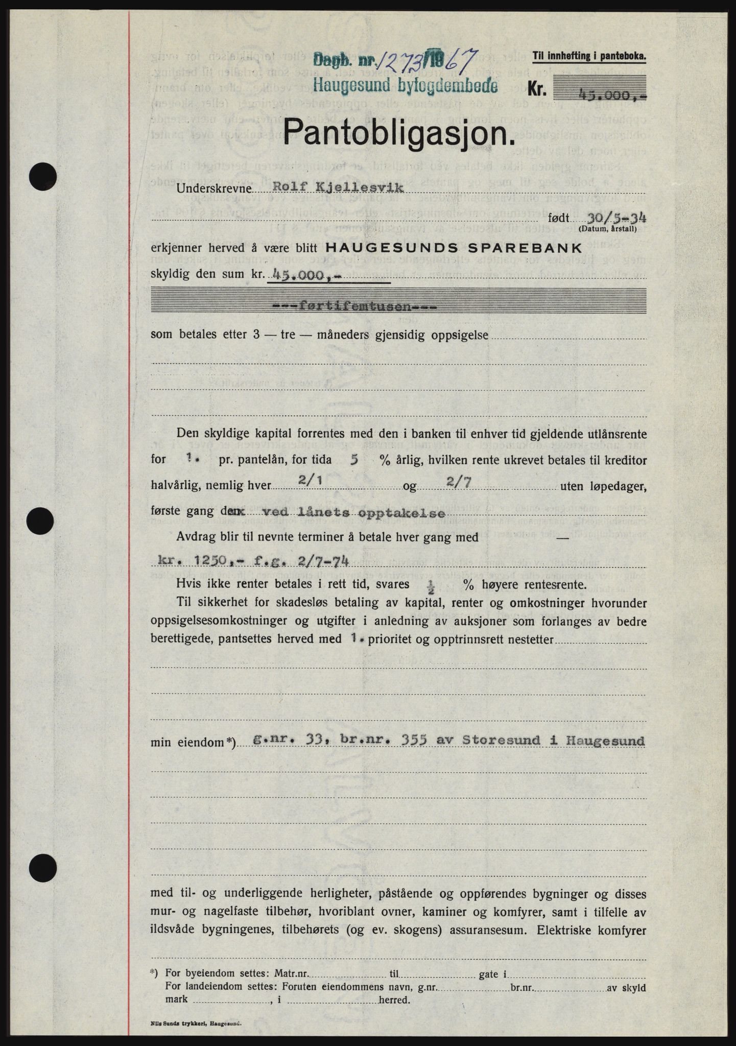 Haugesund tingrett, SAST/A-101415/01/II/IIC/L0056: Mortgage book no. B 56, 1966-1967, Diary no: : 1273/1967