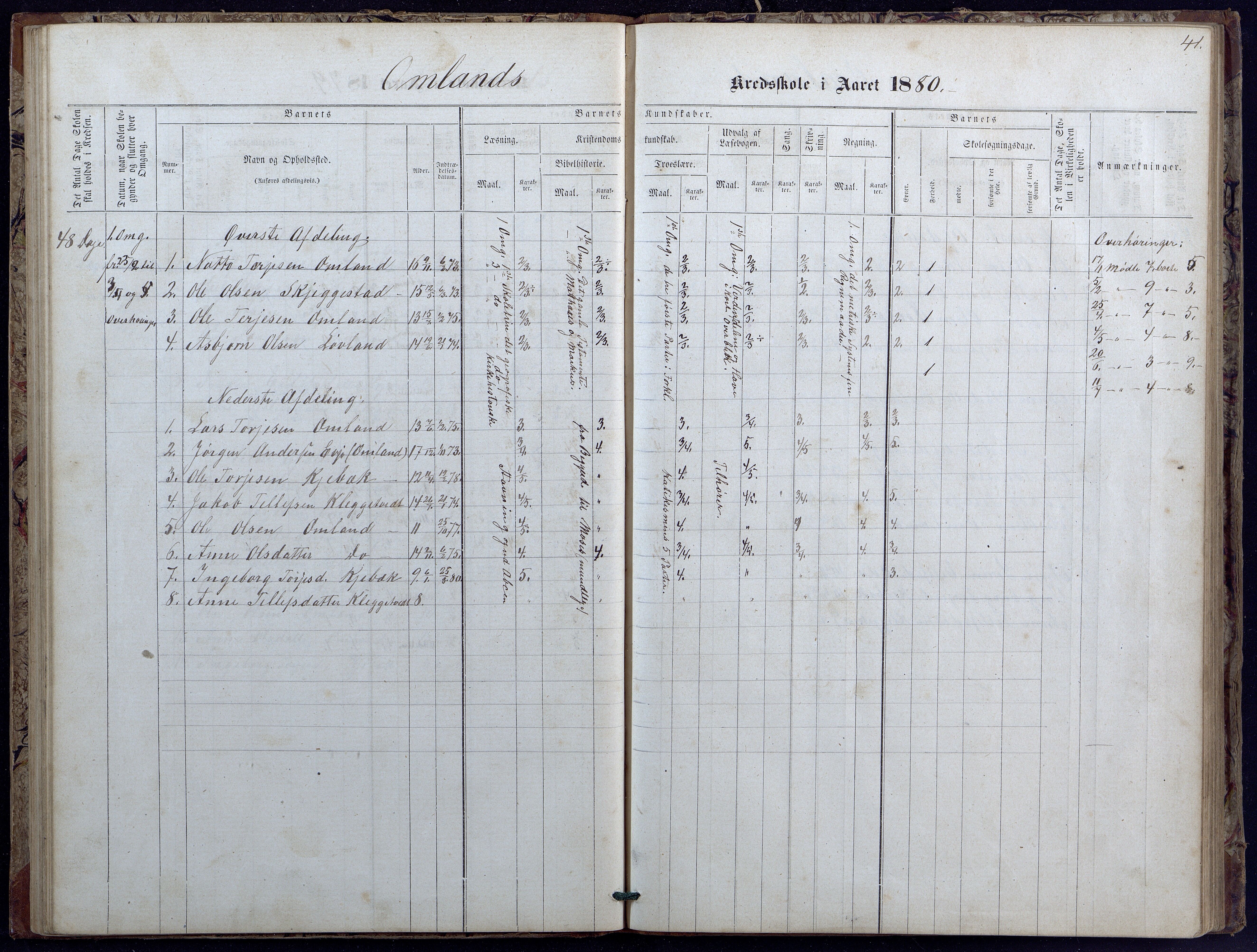 Evje kommune, Landsverk/Omland/Rosseland skolekretser, AAKS/KA0937-550d/F1/L0001: Skoleprotokoll for Landsverk, Omland, Rosseland skolekretser, 1863-1888, p. 41