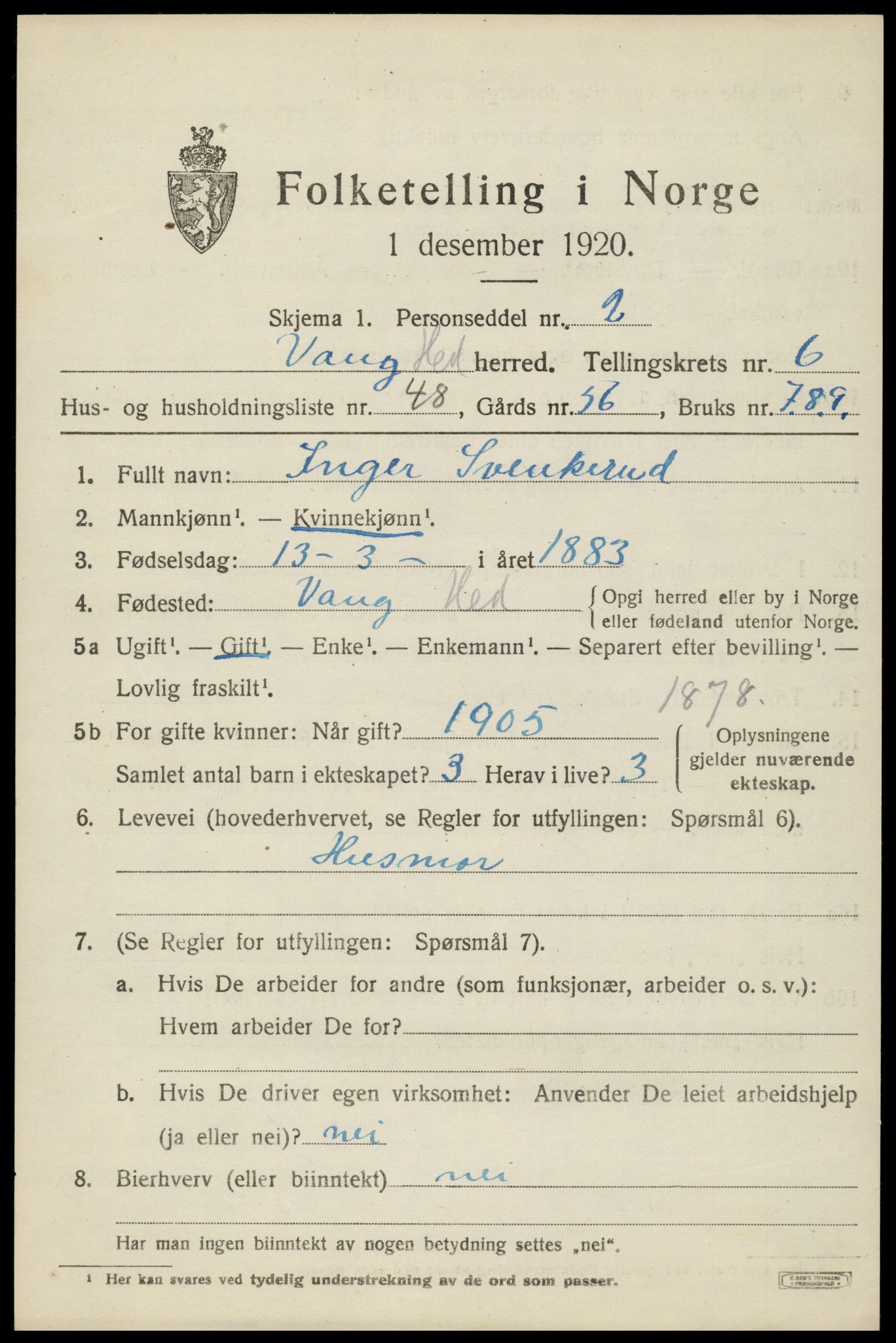 SAH, 1920 census for Vang (Hedmark), 1920, p. 15763