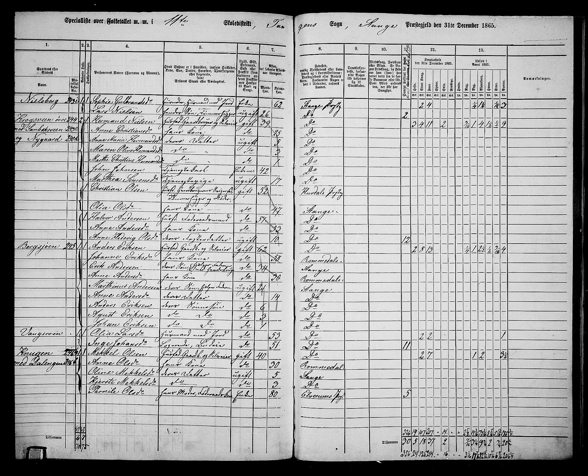 RA, 1865 census for Stange, 1865, p. 256