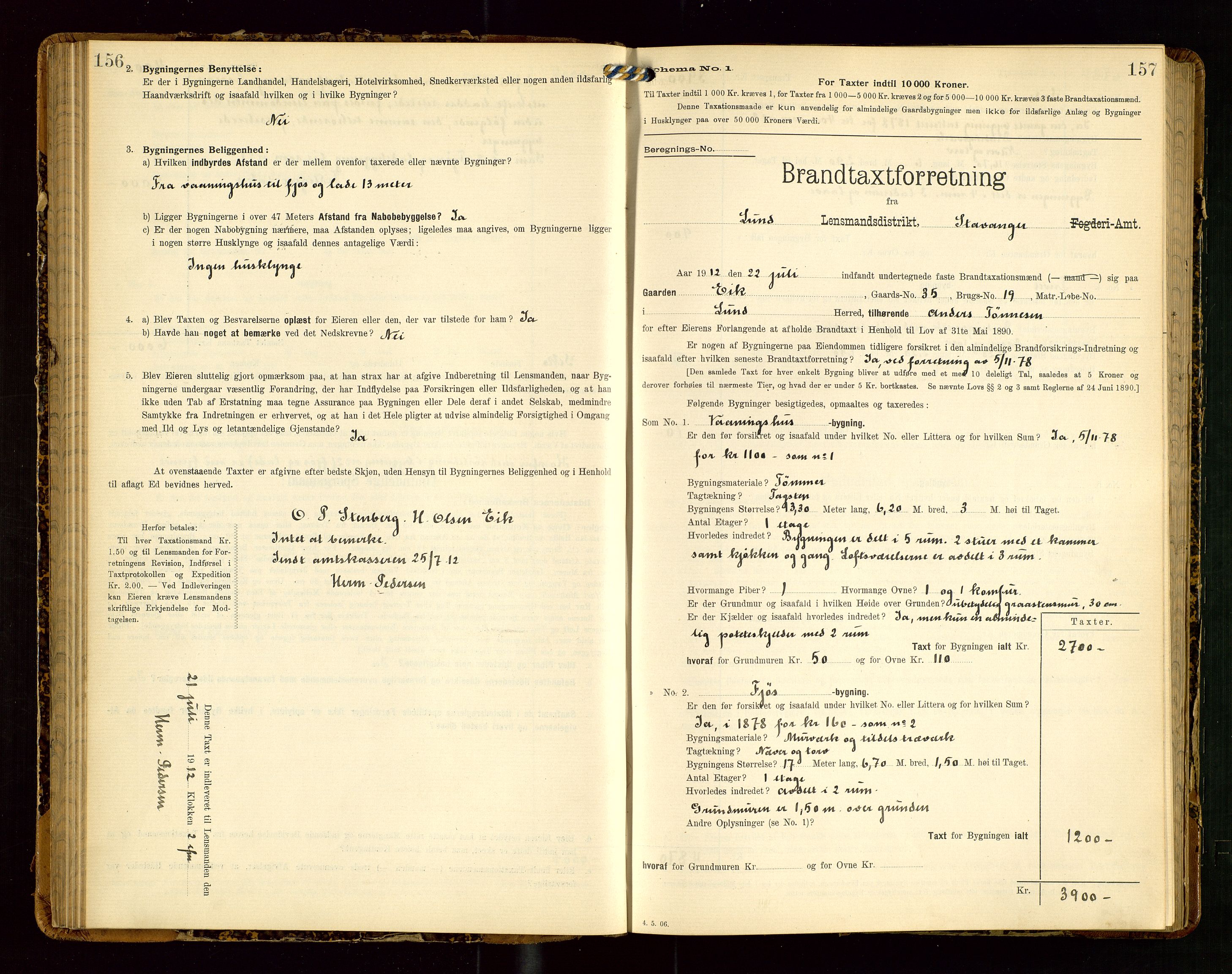 Lund lensmannskontor, AV/SAST-A-100303/Gob/L0002: "Brandtakstprotokol", 1908-1918, p. 156-157