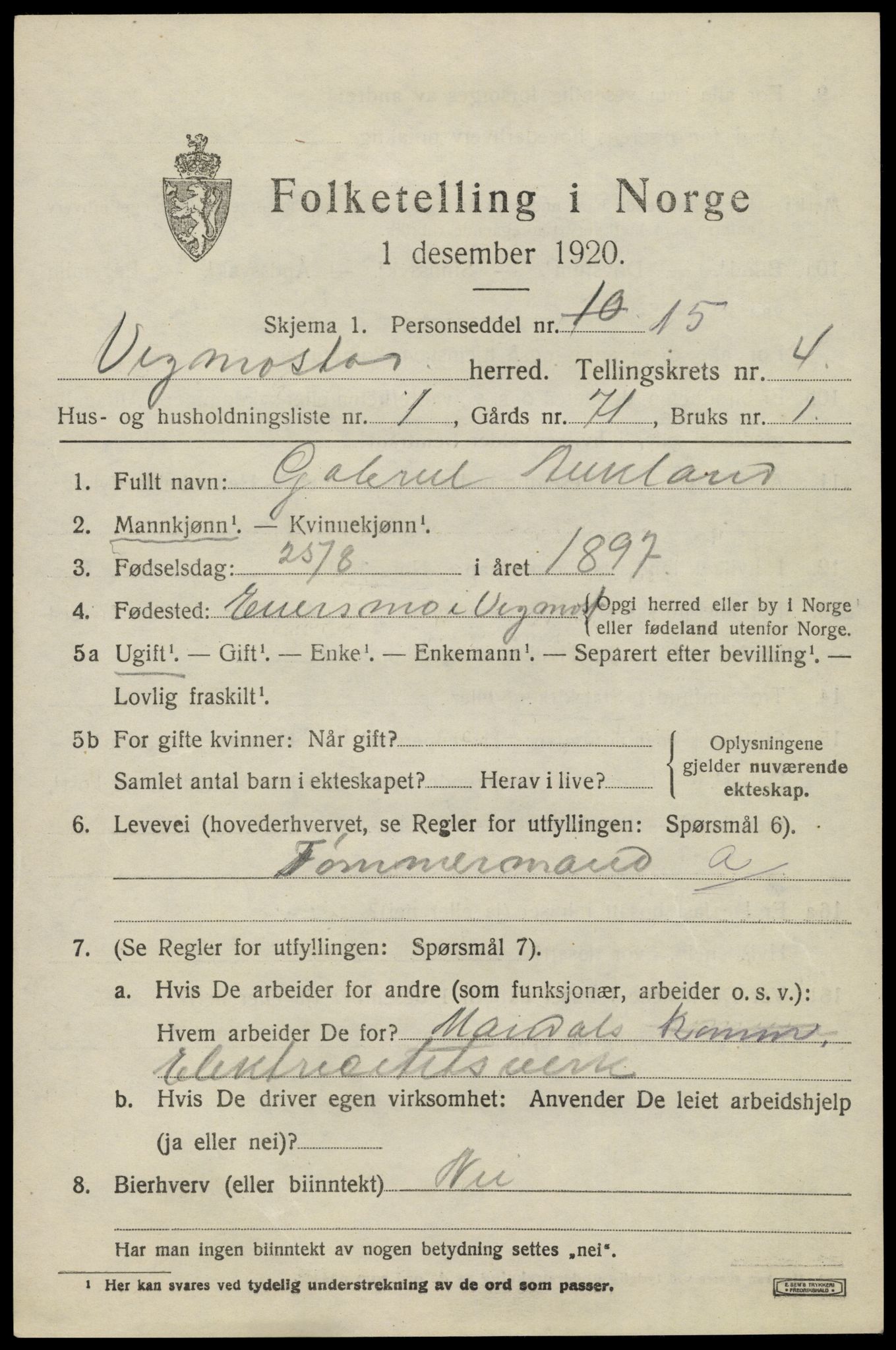 SAK, 1920 census for Vigmostad, 1920, p. 1201