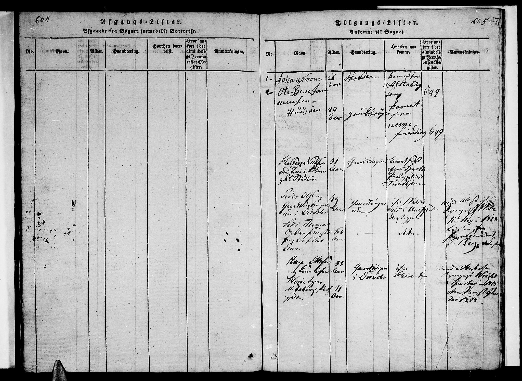 Ministerialprotokoller, klokkerbøker og fødselsregistre - Nordland, SAT/A-1459/840/L0581: Parish register (copy) no. 840C01, 1820-1873, p. 604-605