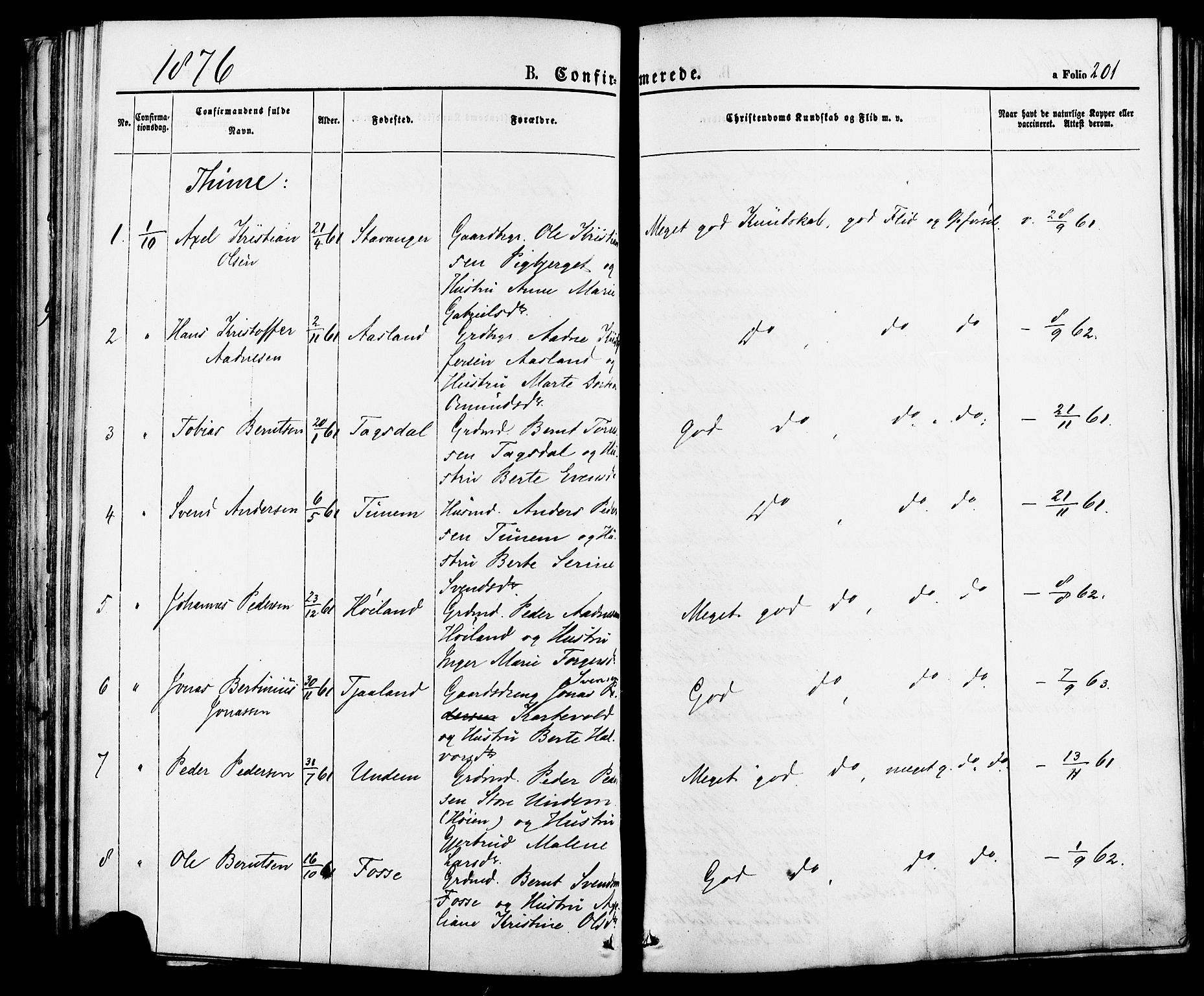 Lye sokneprestkontor, AV/SAST-A-101794/001/30BA/L0008: Parish register (official) no. A 7, 1872-1881, p. 201