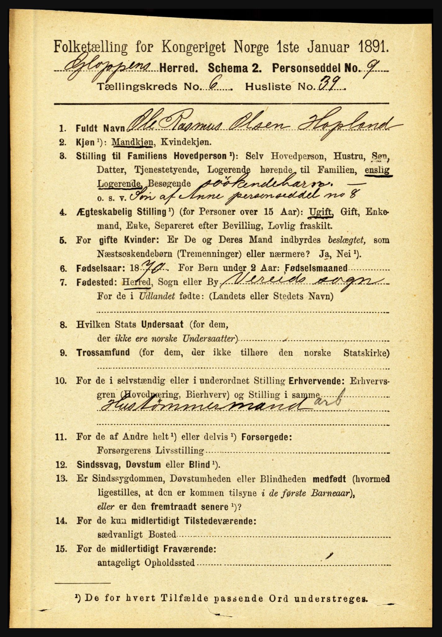 RA, 1891 census for 1445 Gloppen, 1891, p. 2577