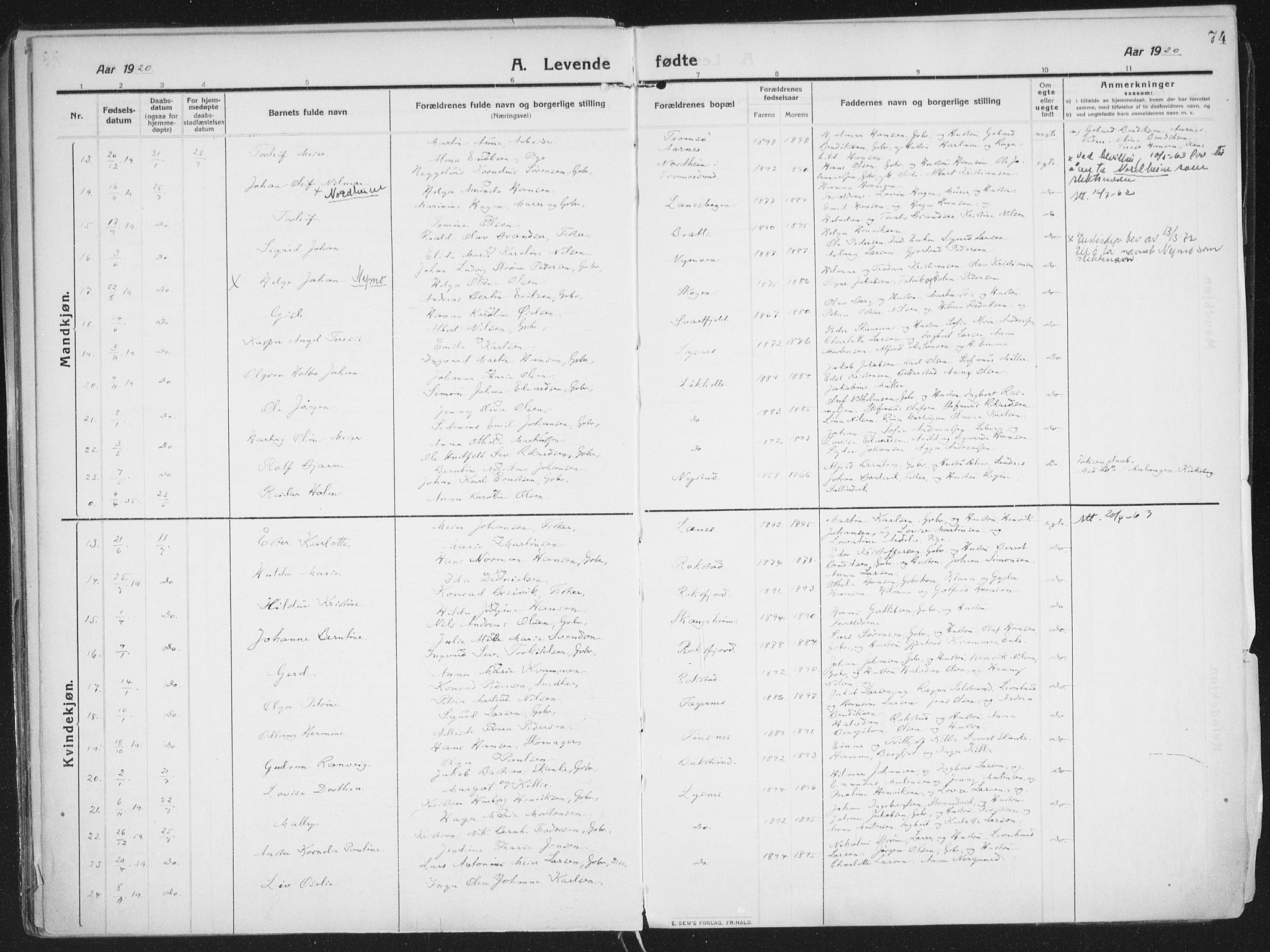 Lenvik sokneprestembete, SATØ/S-1310/H/Ha/Haa/L0016kirke: Parish register (official) no. 16, 1910-1924, p. 74