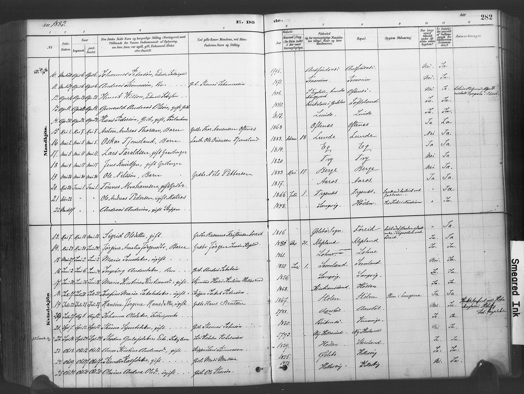 Søgne sokneprestkontor, SAK/1111-0037/F/Fa/Fab/L0012: Parish register (official) no. A 12, 1880-1891, p. 282