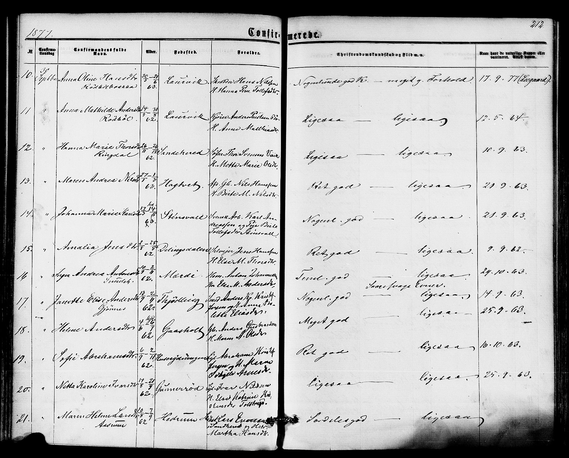 Hedrum kirkebøker, AV/SAKO-A-344/F/Fa/L0008: Parish register (official) no. I 8, 1869-1880, p. 212