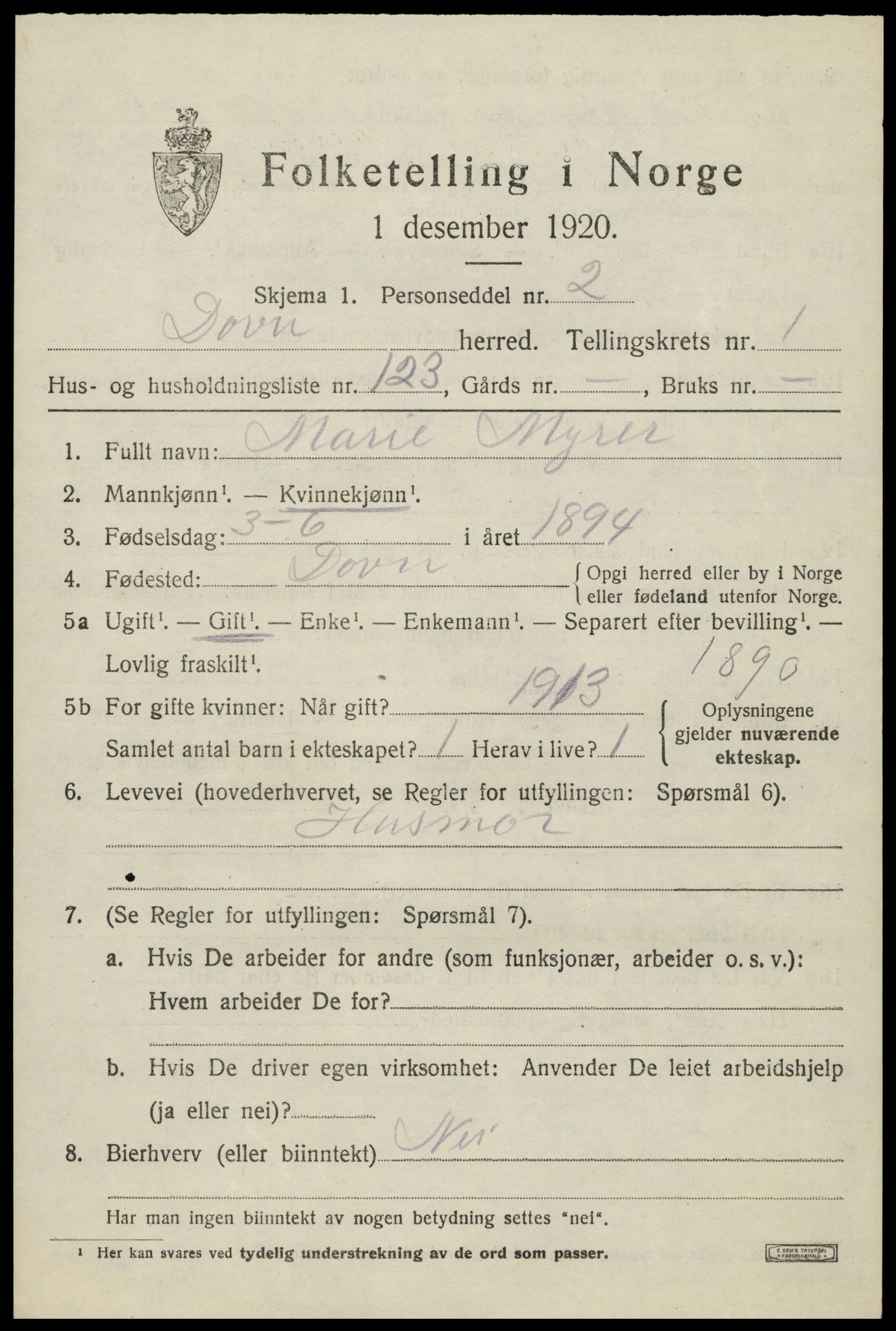 SAH, 1920 census for Dovre, 1920, p. 2396