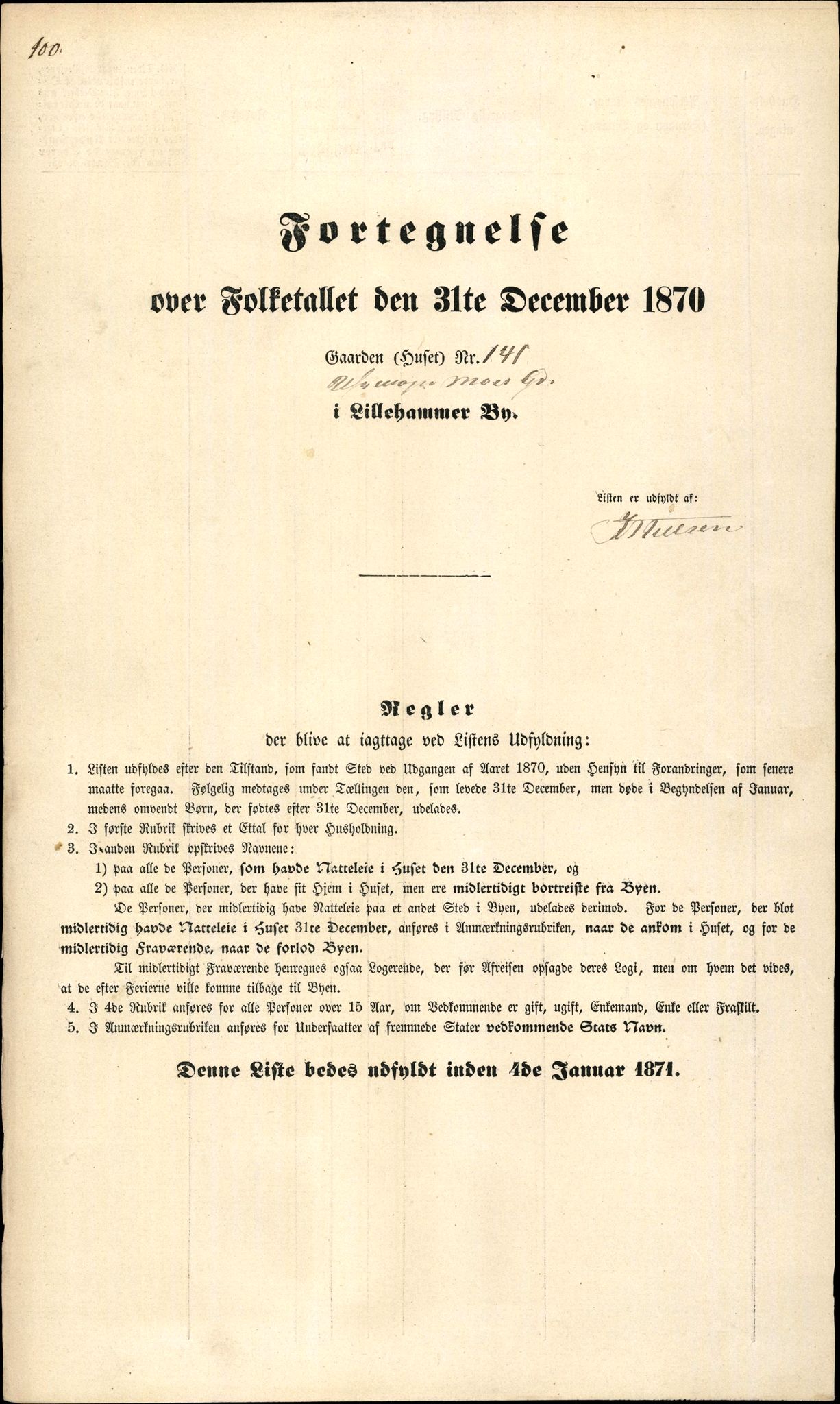 RA, 1870 census for 0501 Lillehammer, 1870, p. 100