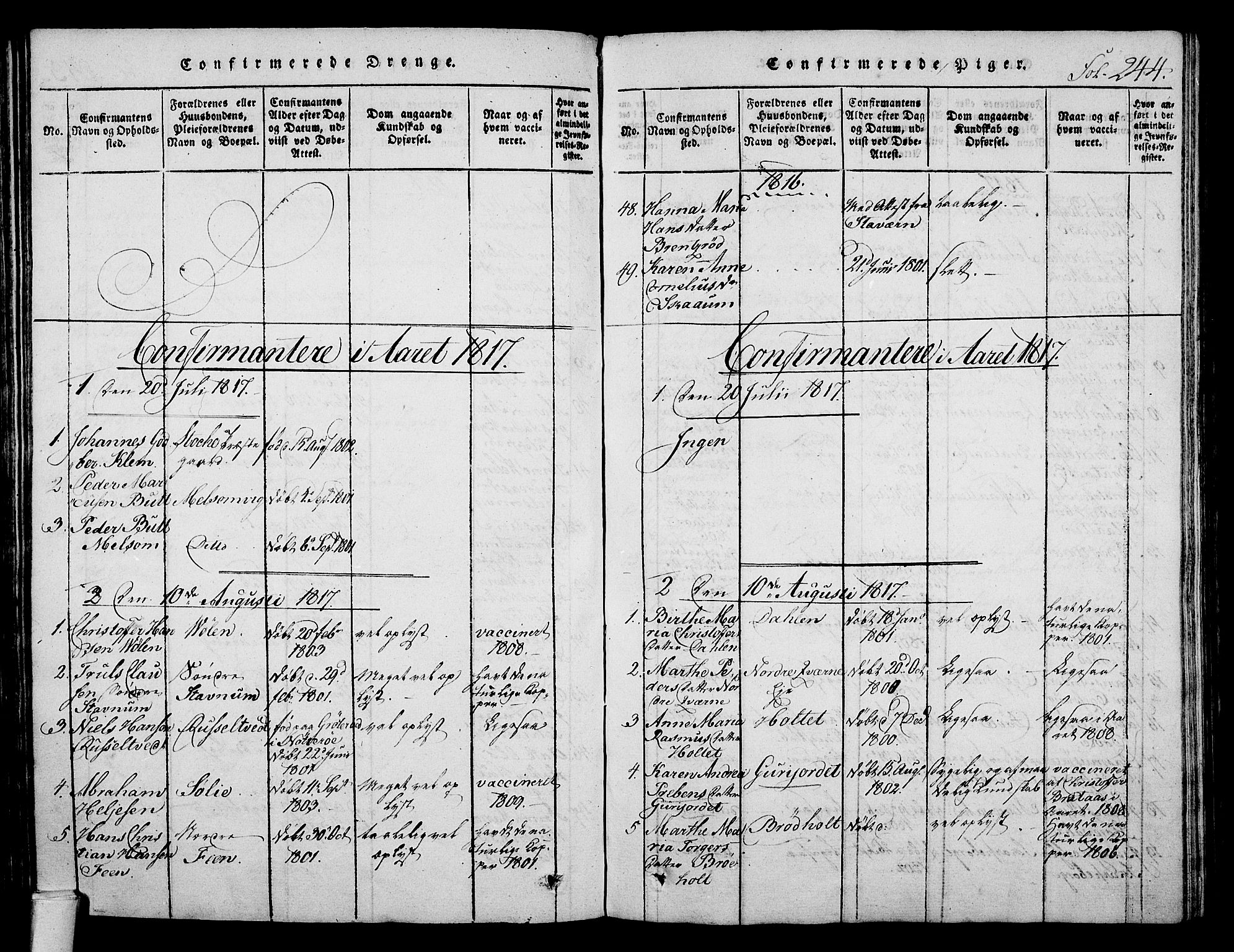 Stokke kirkebøker, AV/SAKO-A-320/F/Fa/L0005: Parish register (official) no. I 5, 1815-1826, p. 244