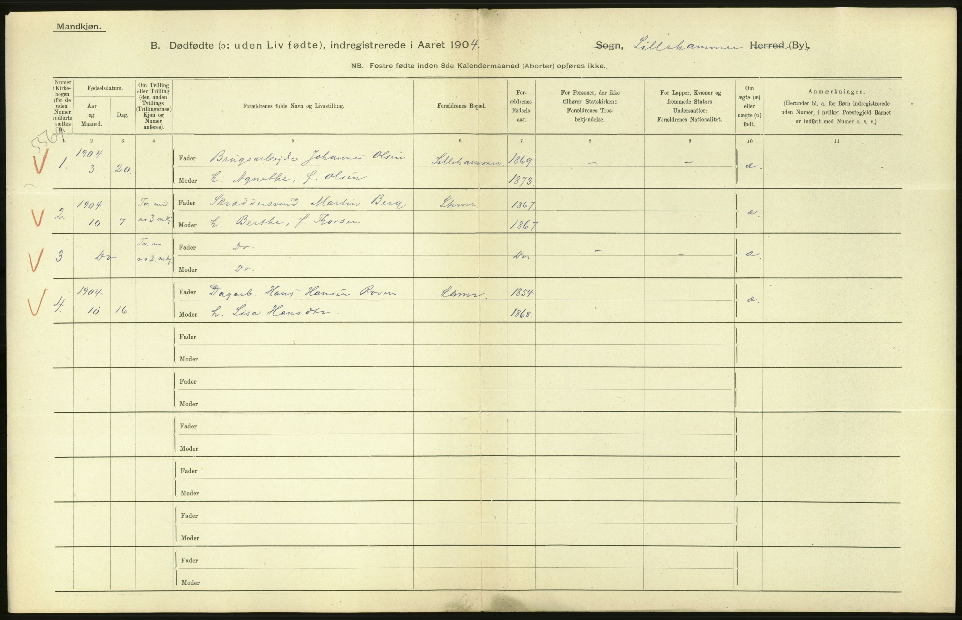 Statistisk sentralbyrå, Sosiodemografiske emner, Befolkning, RA/S-2228/D/Df/Dfa/Dfab/L0027: Smålenes amt - Finnmarkens amt: Dødfødte. Byer, 1904, p. 108