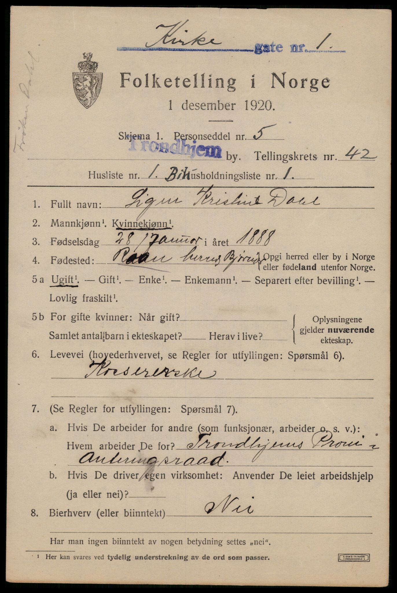 SAT, 1920 census for Trondheim, 1920, p. 92080