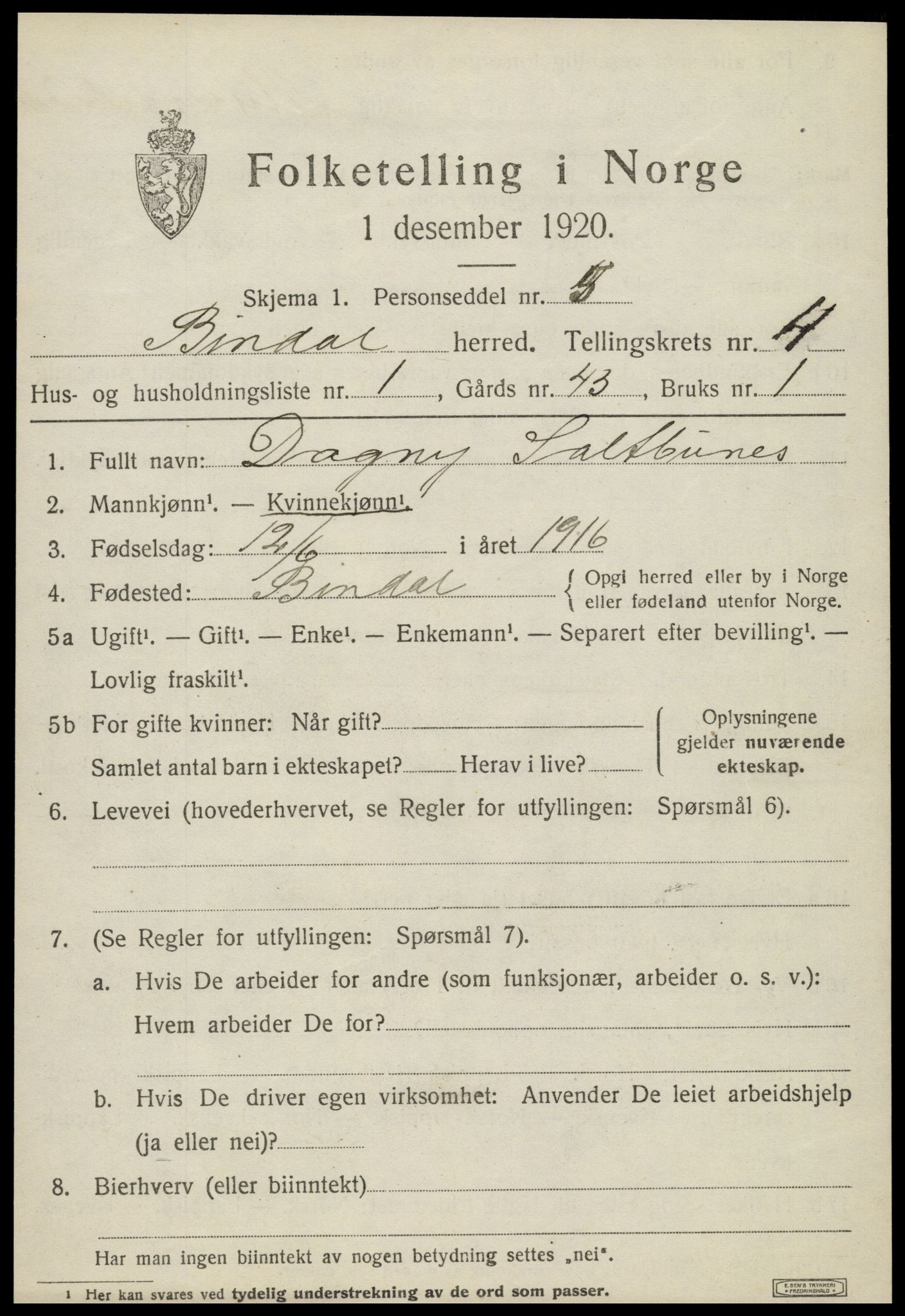 SAT, 1920 census for Bindal, 1920, p. 3319