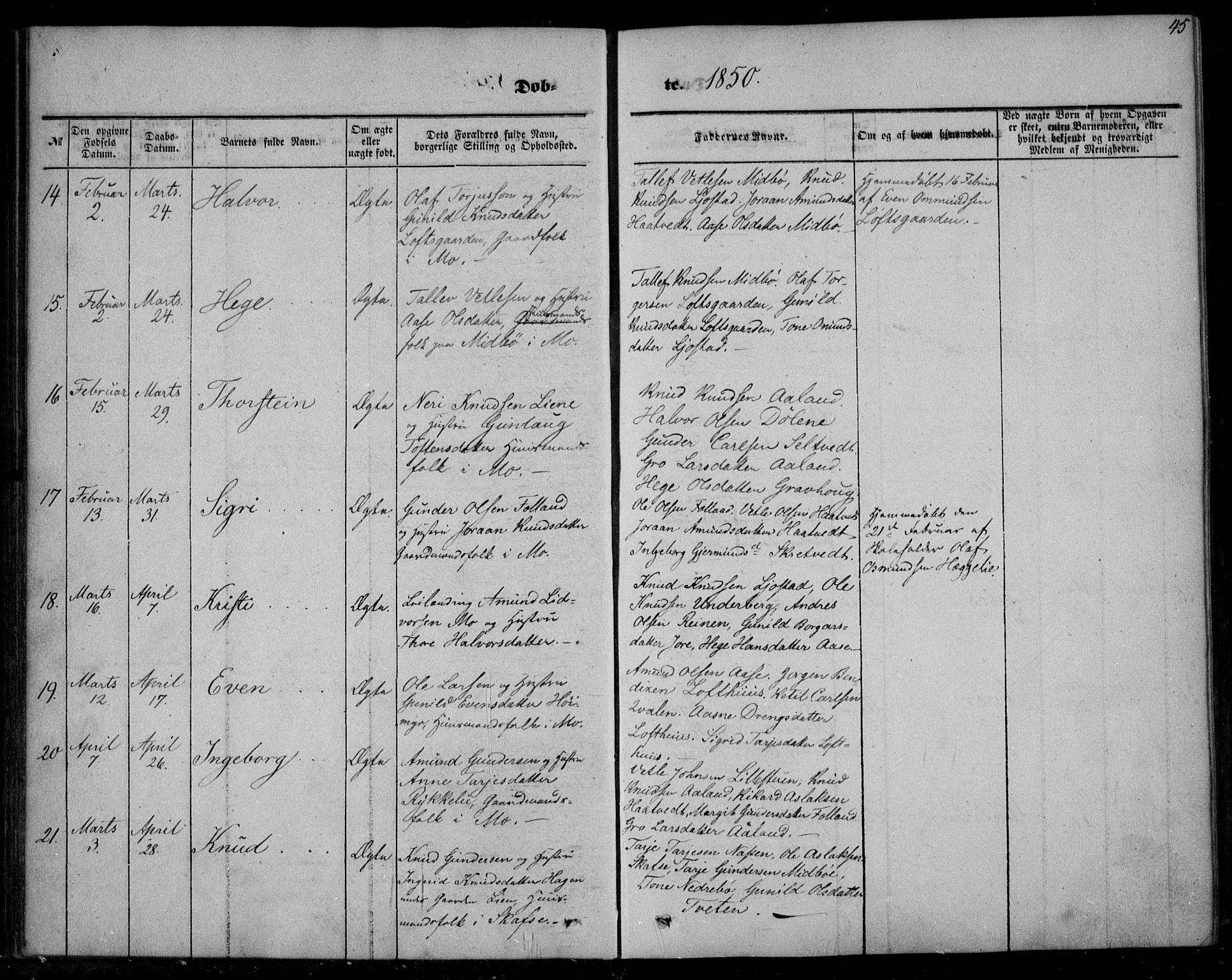 Mo kirkebøker, AV/SAKO-A-286/F/Fa/L0005: Parish register (official) no. I 5, 1844-1864, p. 45