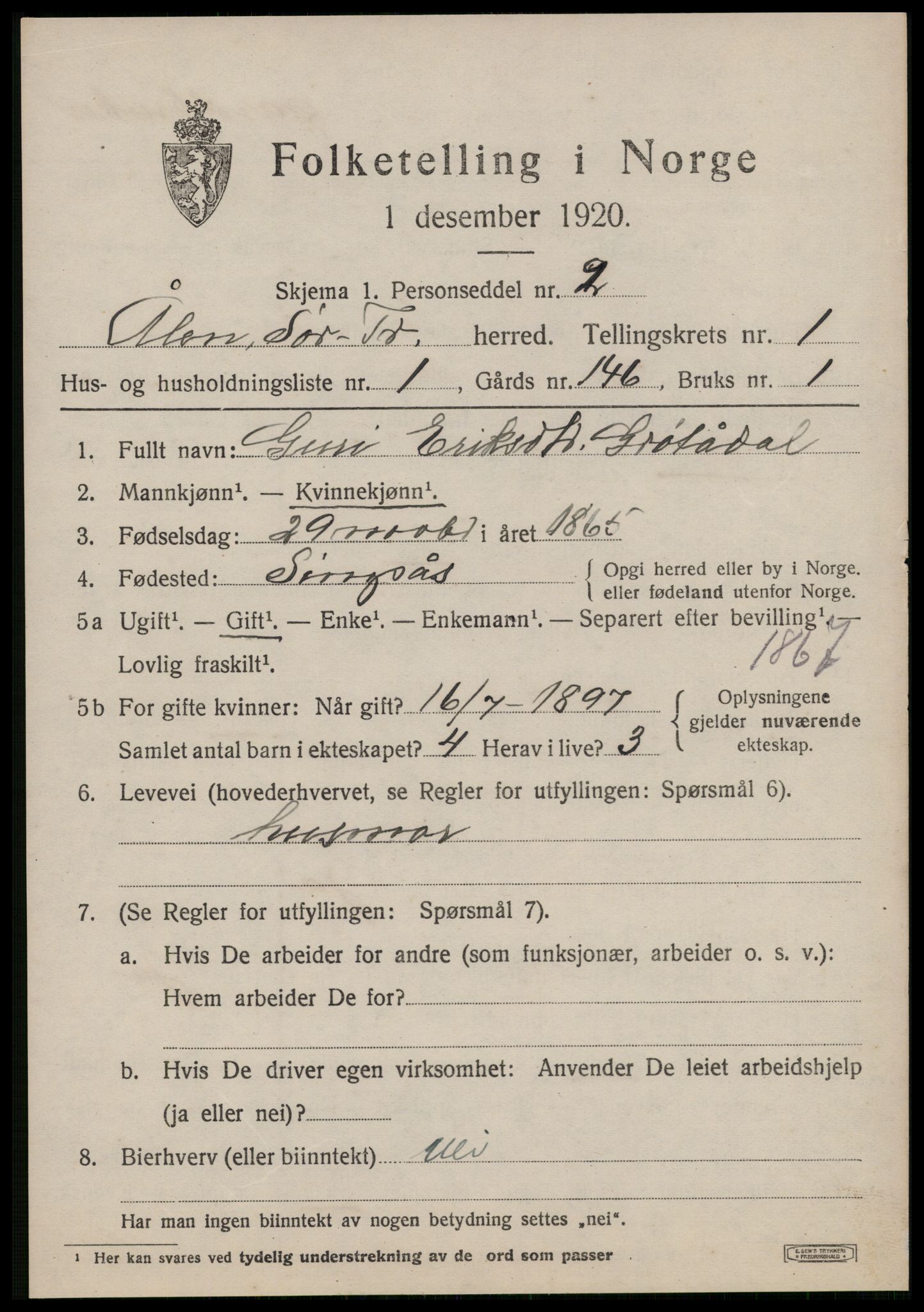 SAT, 1920 census for Ålen, 1920, p. 842