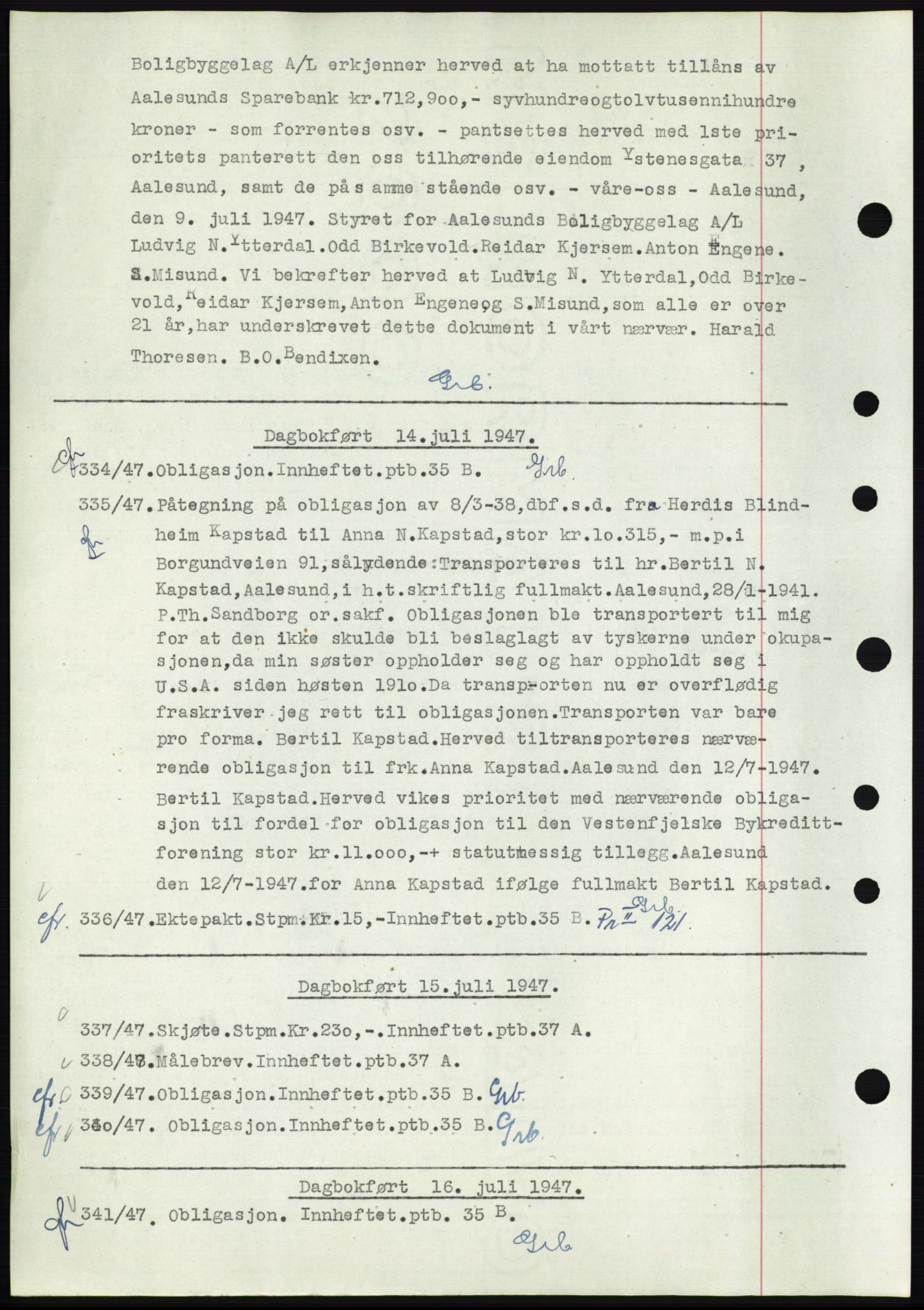 Ålesund byfogd, AV/SAT-A-4384: Mortgage book no. C34-35, 1946-1950, Diary no: : 334/1947