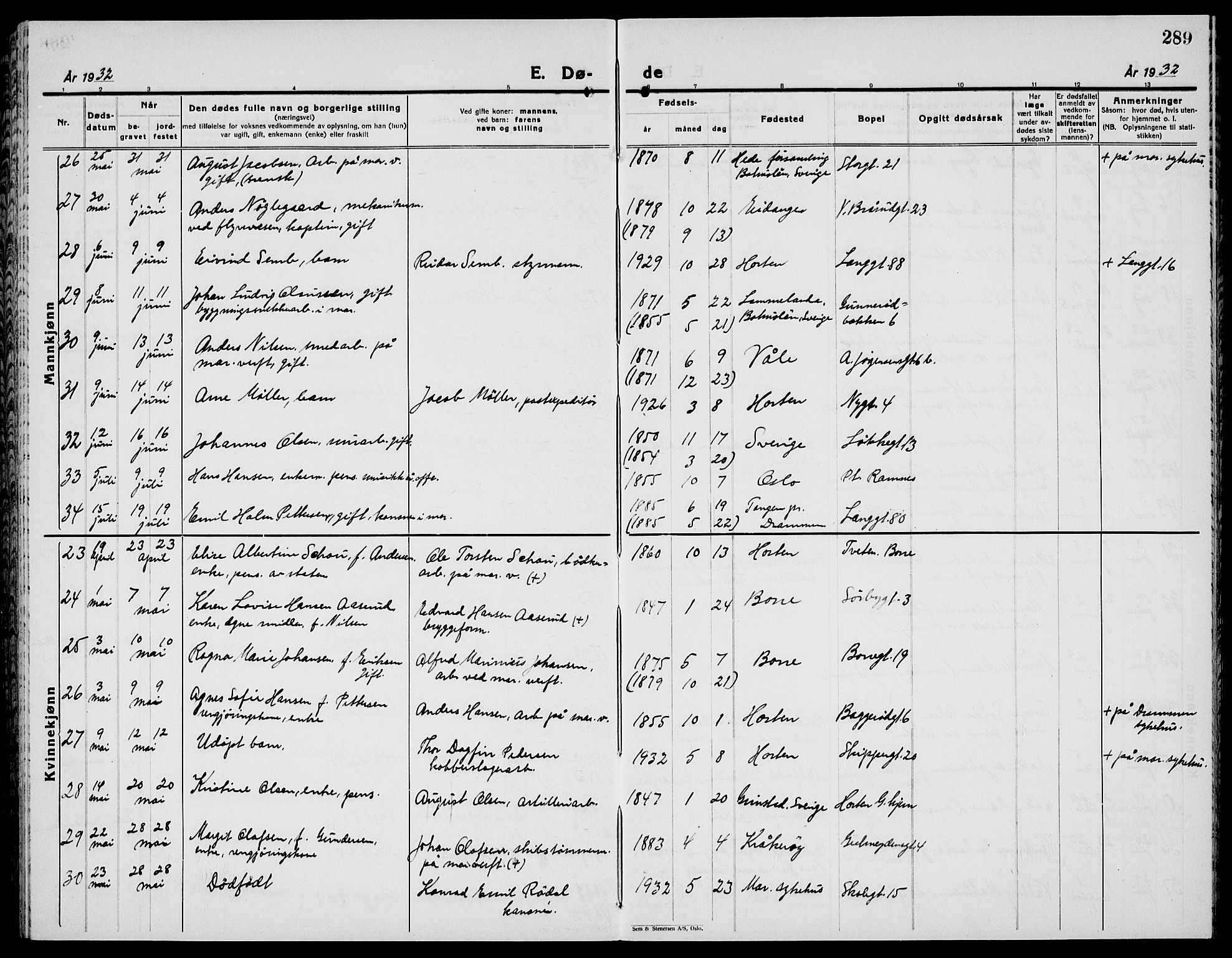 Horten kirkebøker, SAKO/A-348/G/Ga/L0009: Parish register (copy) no. 9, 1926-1936, p. 289