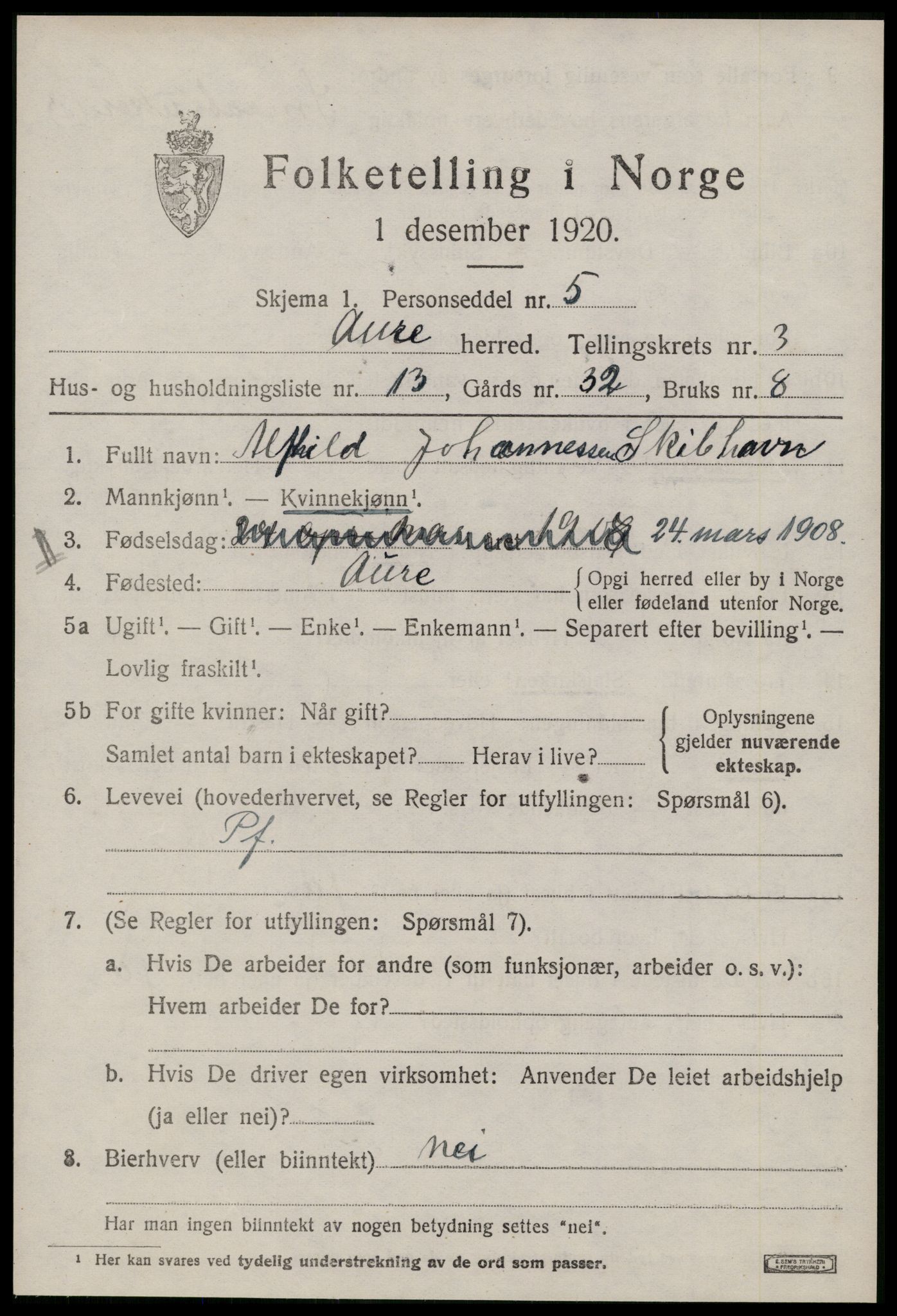 SAT, 1920 census for Aure, 1920, p. 1824