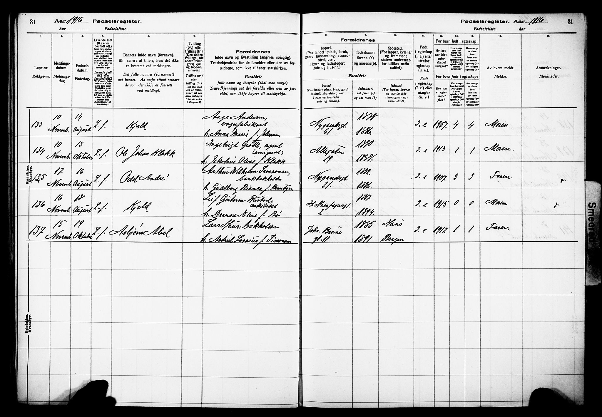 Johanneskirken sokneprestembete, AV/SAB-A-76001/I/Id/L00A1: Birth register no. A 1, 1916-1924, p. 31