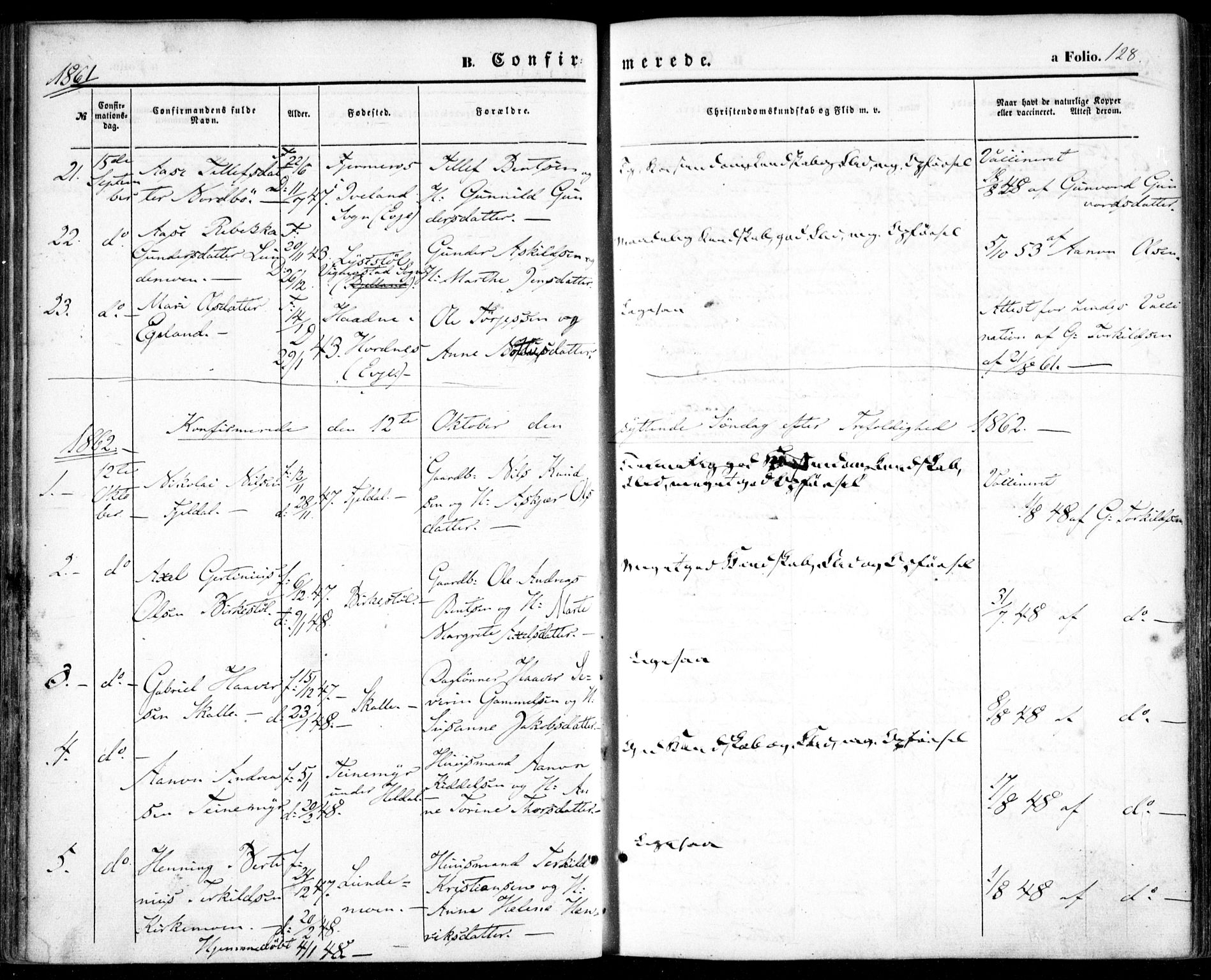 Vestre Moland sokneprestkontor, SAK/1111-0046/F/Fa/Fab/L0007: Parish register (official) no. A 7, 1859-1872, p. 128