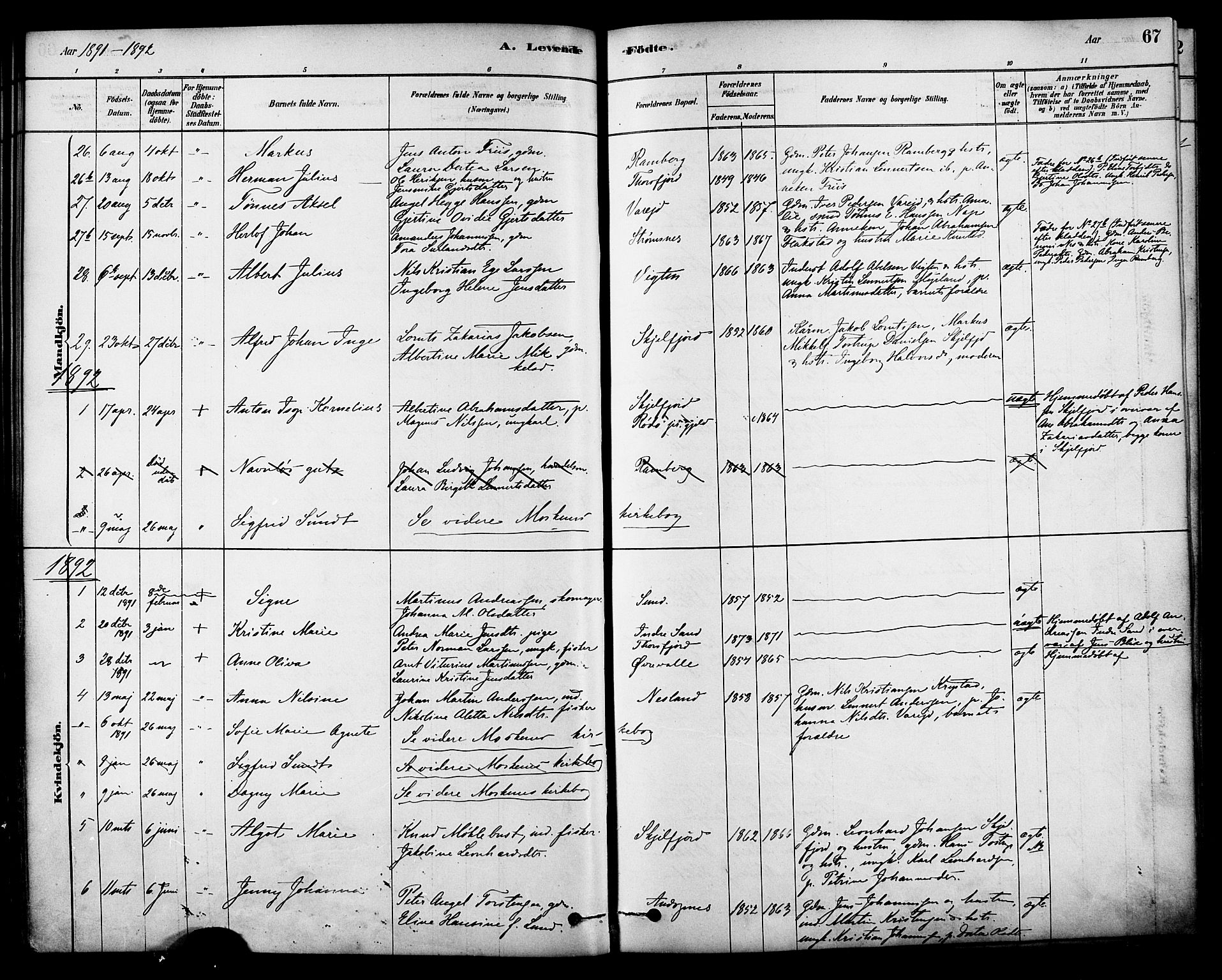 Ministerialprotokoller, klokkerbøker og fødselsregistre - Nordland, AV/SAT-A-1459/885/L1204: Parish register (official) no. 885A05, 1878-1892, p. 67