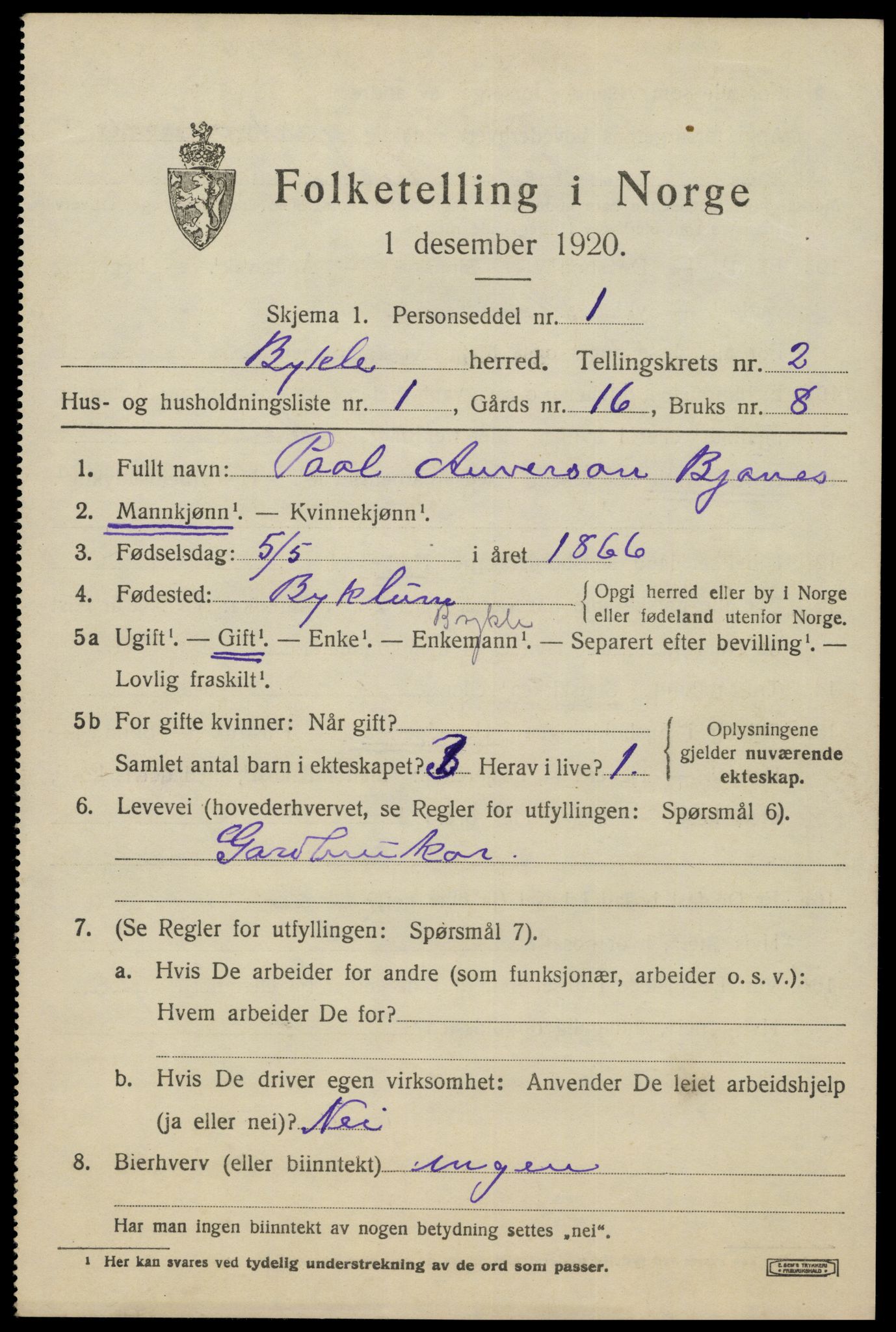 SAK, 1920 census for Bykle, 1920, p. 597