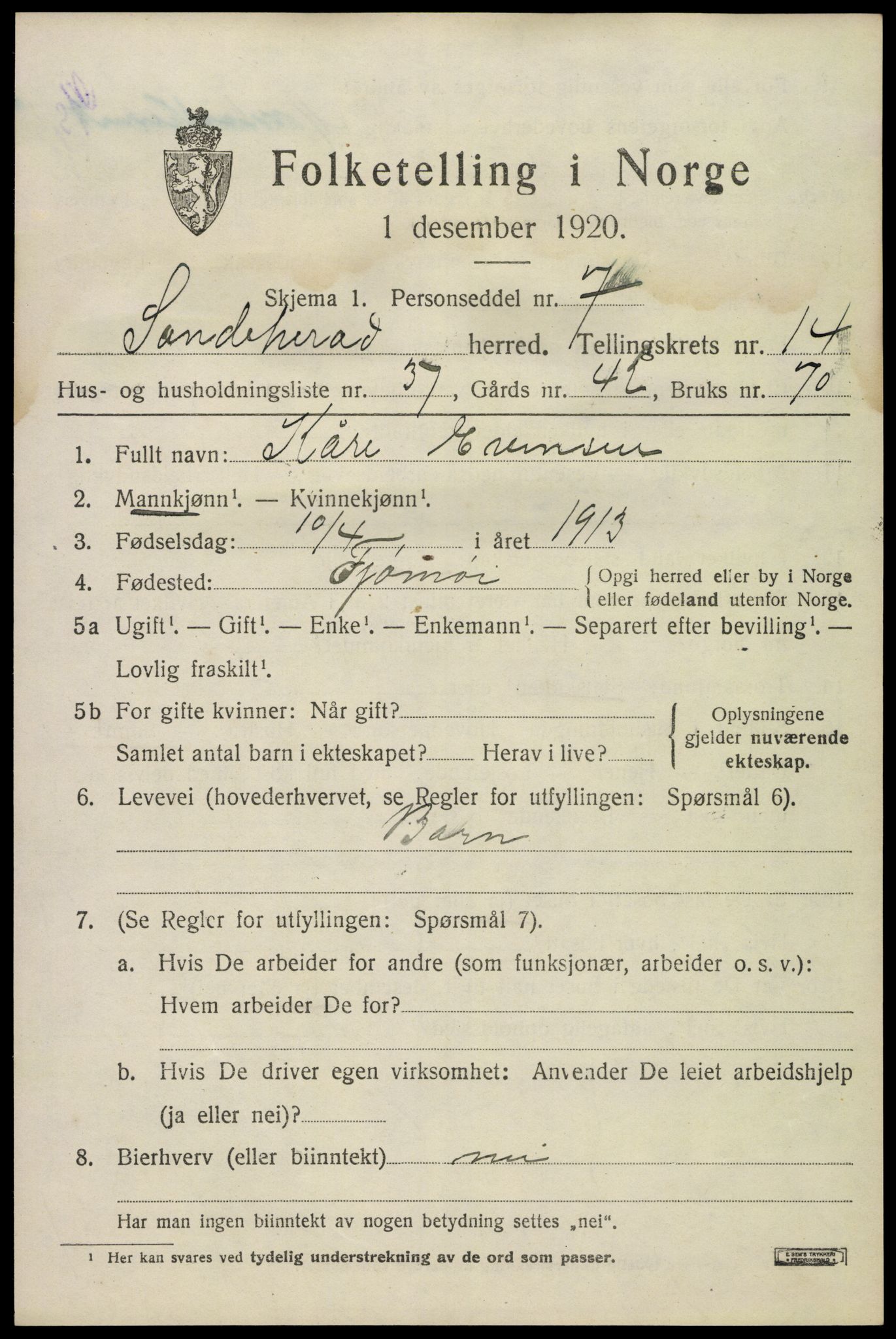 SAKO, 1920 census for Sandeherred, 1920, p. 20692