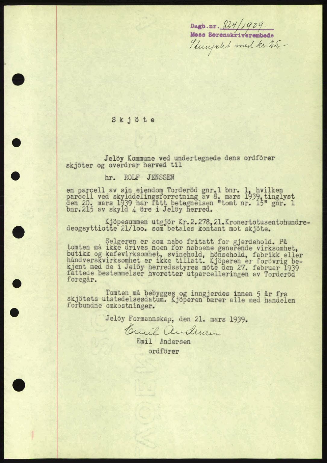 Moss sorenskriveri, SAO/A-10168: Mortgage book no. A5, 1938-1939, Diary no: : 824/1939