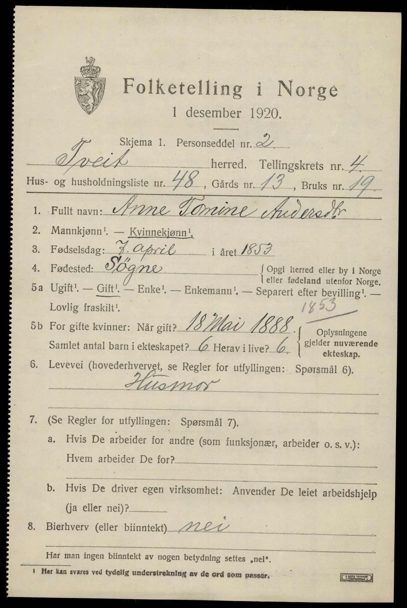 SAK, 1920 census for Tveit, 1920, p. 2422