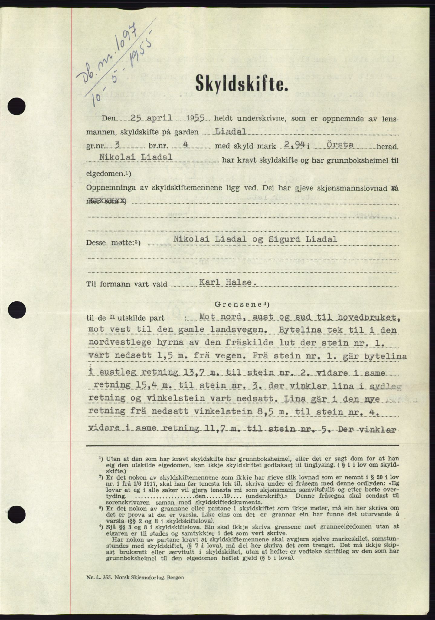 Søre Sunnmøre sorenskriveri, AV/SAT-A-4122/1/2/2C/L0100: Mortgage book no. 26A, 1954-1955, Diary no: : 1097/1955