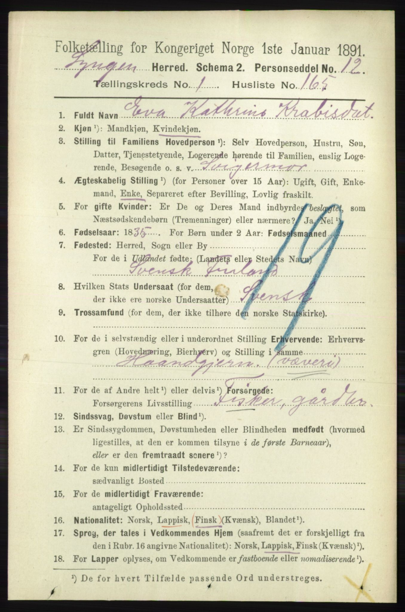 RA, 1891 census for 1938 Lyngen, 1891, p. 1374