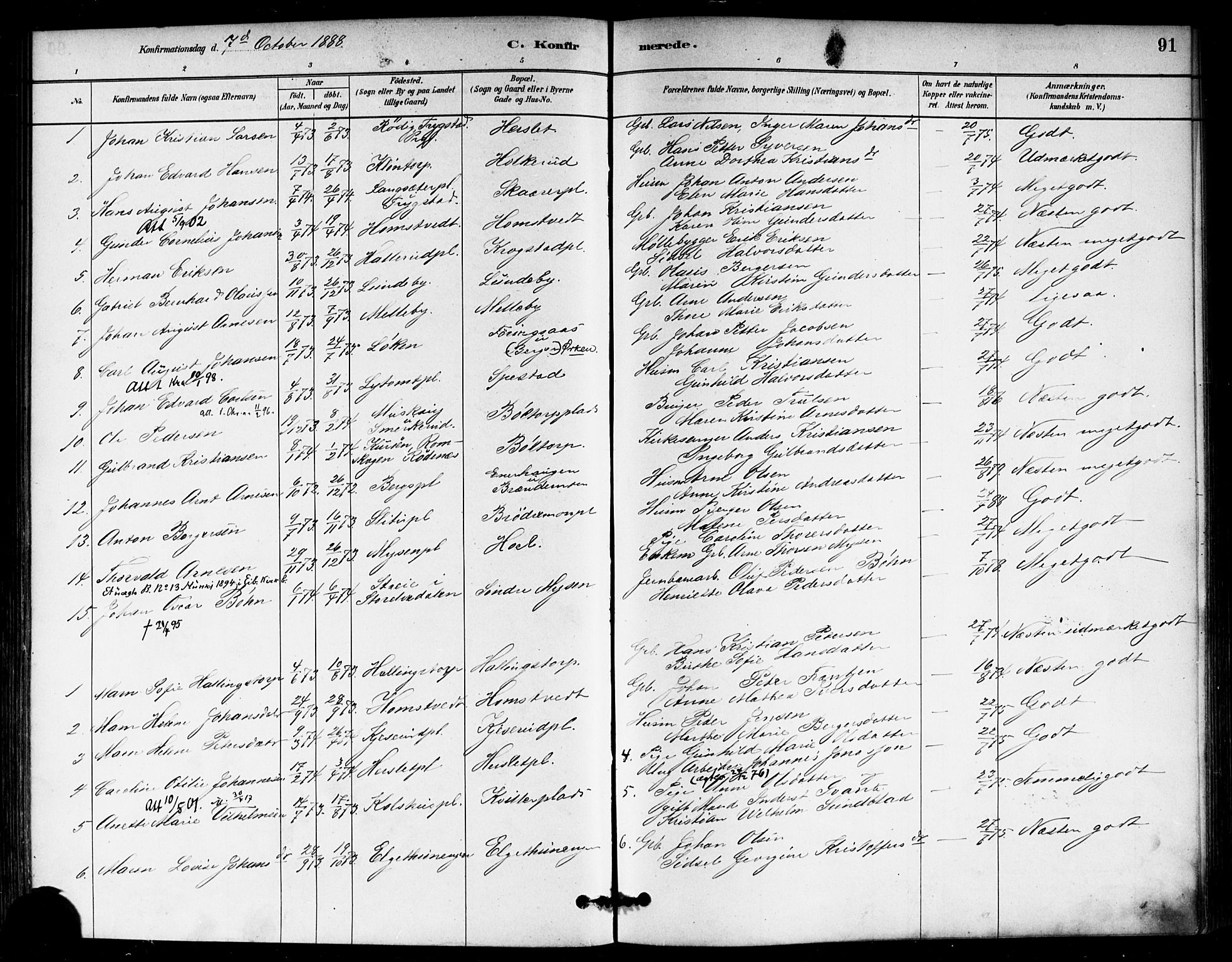 Eidsberg prestekontor Kirkebøker, SAO/A-10905/F/Fb/L0001: Parish register (official) no. II 1, 1879-1900, p. 91