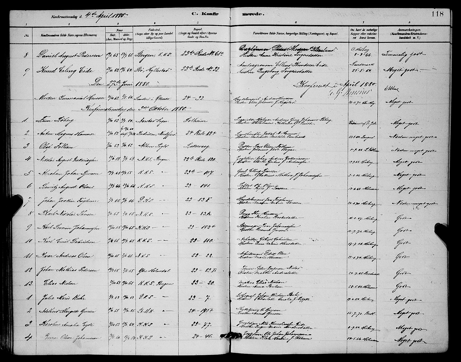 Mariakirken Sokneprestembete, AV/SAB-A-76901/H/Hab/L0004: Parish register (copy) no. A 4, 1878-1892, p. 118