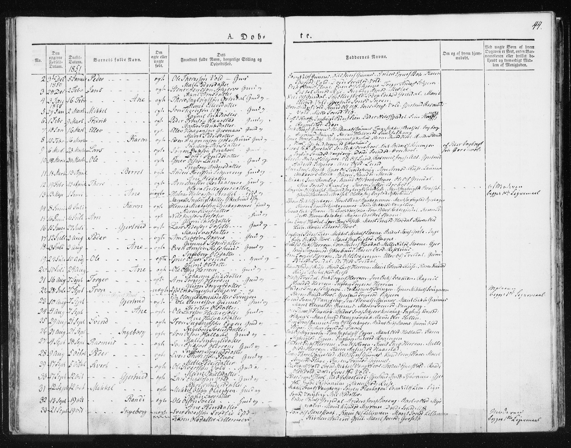 Ministerialprotokoller, klokkerbøker og fødselsregistre - Sør-Trøndelag, SAT/A-1456/674/L0869: Parish register (official) no. 674A01, 1829-1860, p. 44