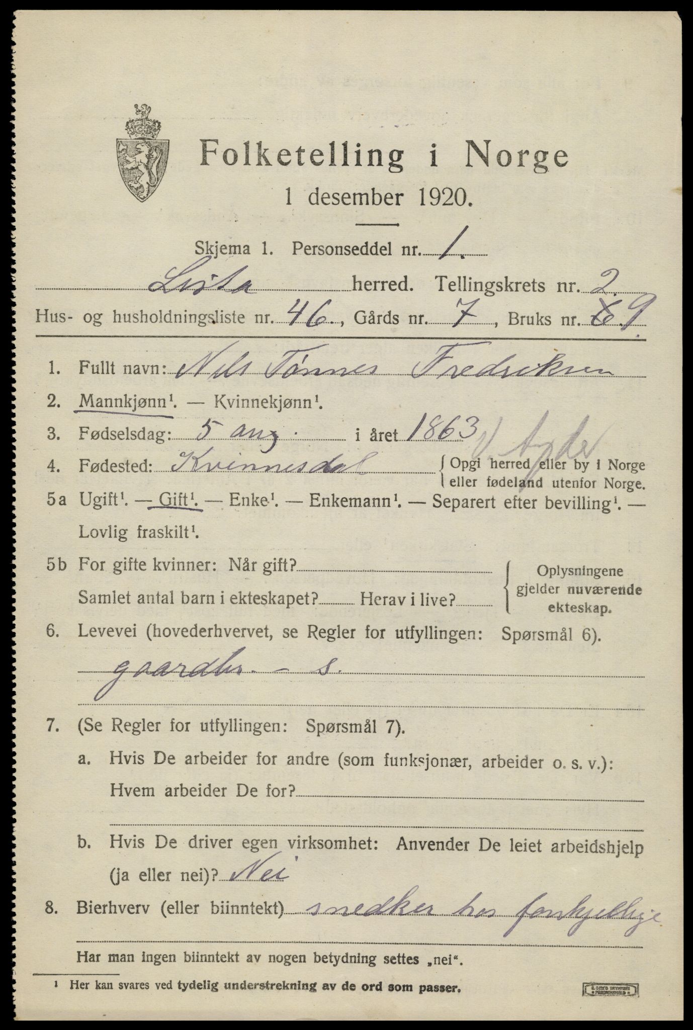 SAK, 1920 census for Lista, 1920, p. 3931