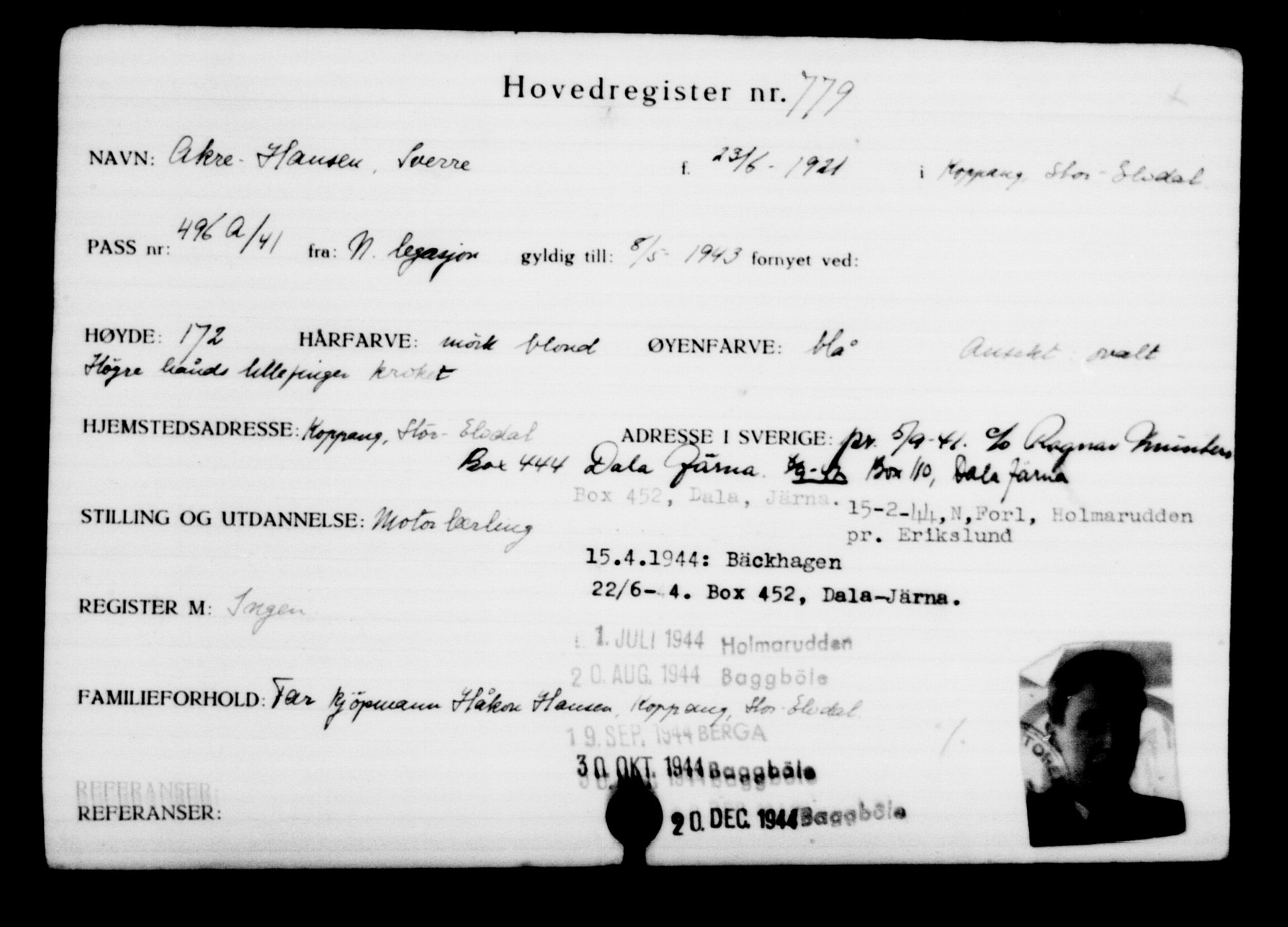 Utenriksstasjonene, Legasjonen i Stockholm, Flyktningkontoret, AV/RA-S-6753/V/Va/L0001: Kjesäterkartoteket, flyktninger med registreringsnr. 1-1000, 1940-1945, p. 1234