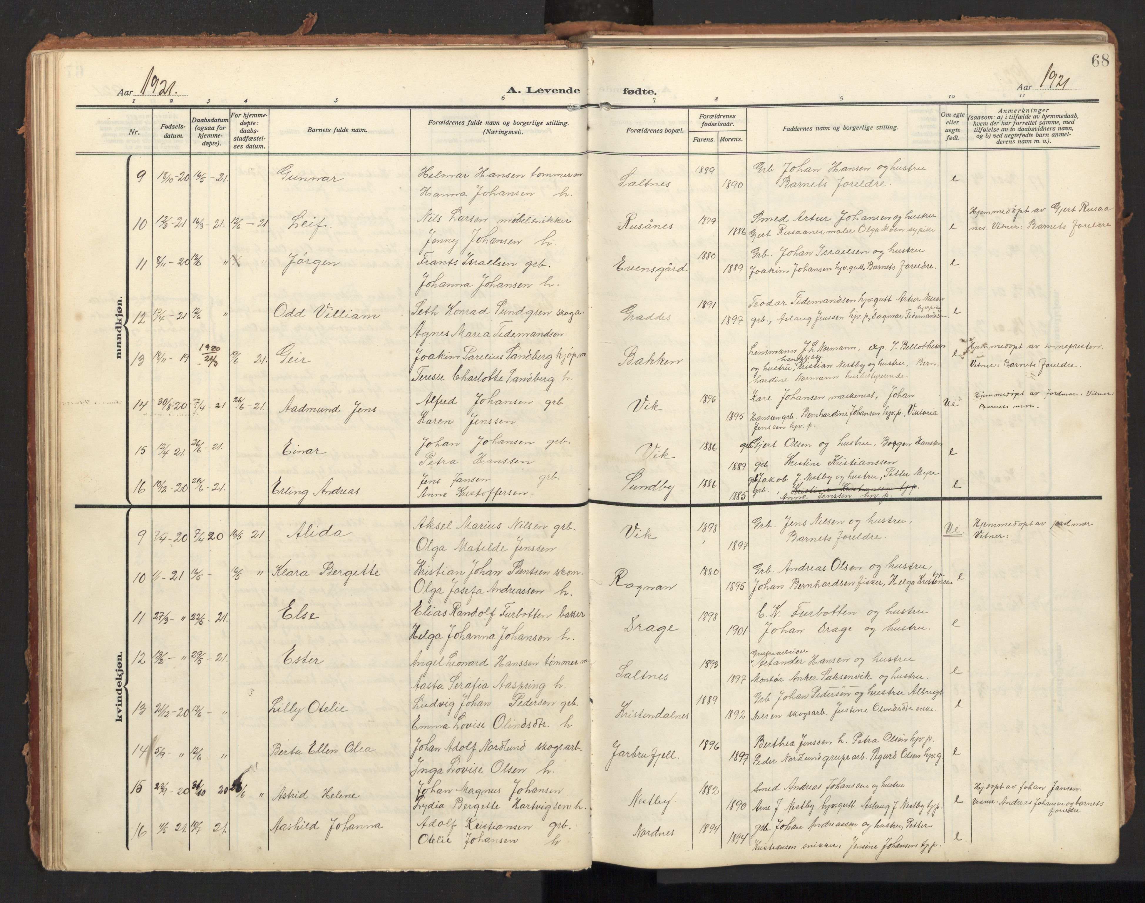 Ministerialprotokoller, klokkerbøker og fødselsregistre - Nordland, AV/SAT-A-1459/847/L0683: Parish register (copy) no. 847C11, 1908-1929, p. 68