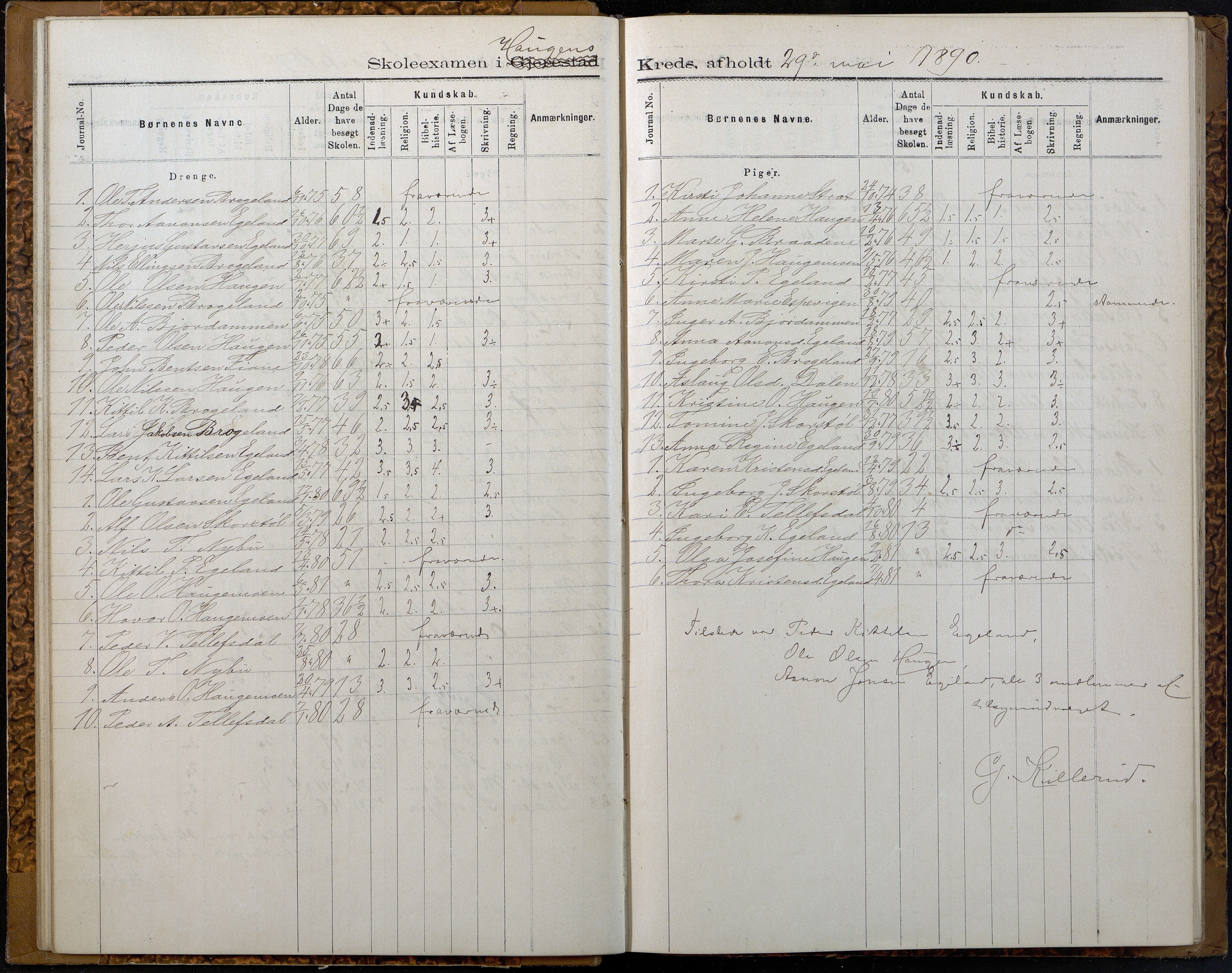 Gjerstad Kommune, Gjerstad Skole, AAKS/KA0911-550a/F02/L0007: Eksamensprotokoll Gjerstad hovedsogn, 1889-1892