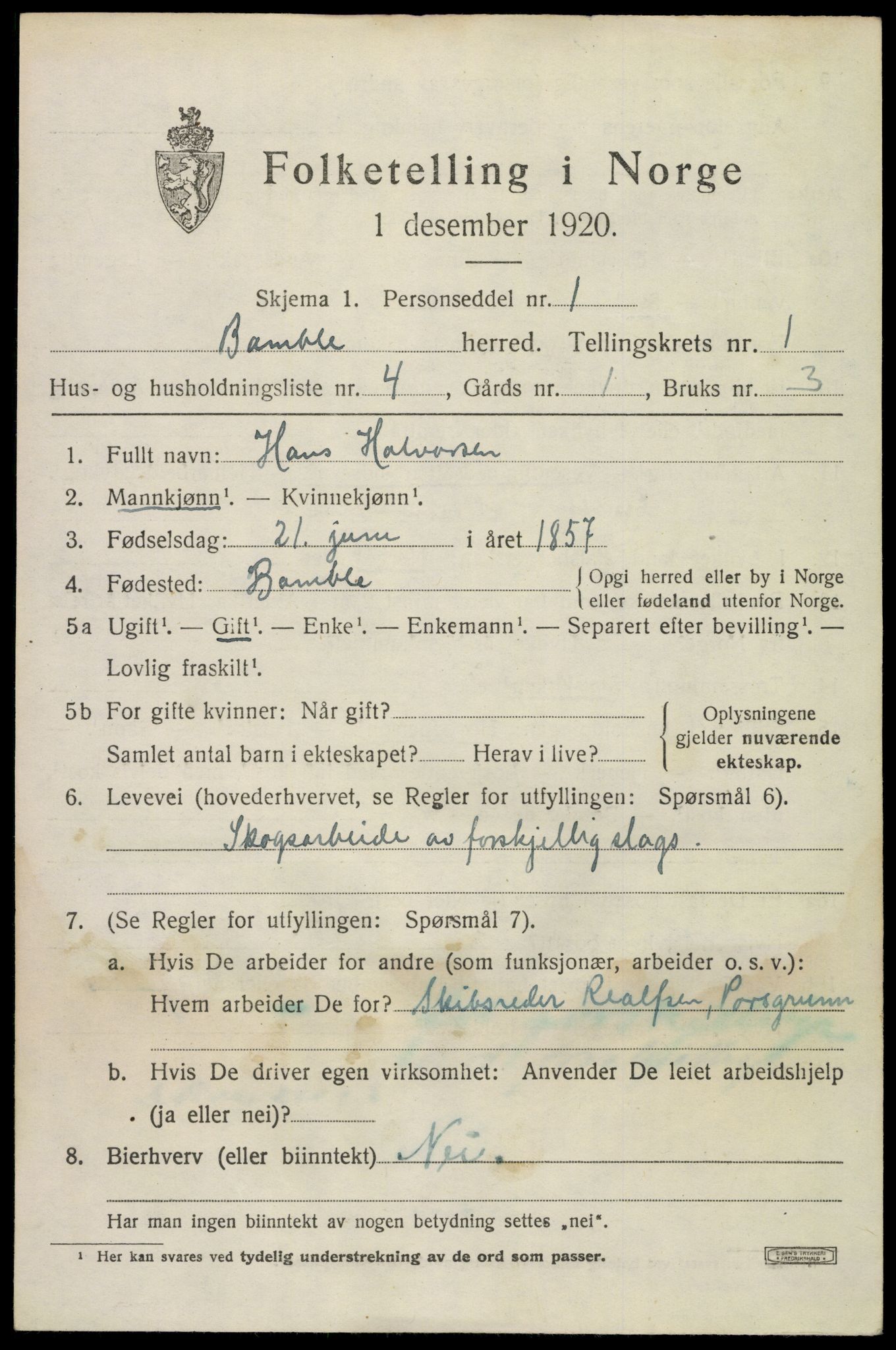 SAKO, 1920 census for Bamble, 1920, p. 2015