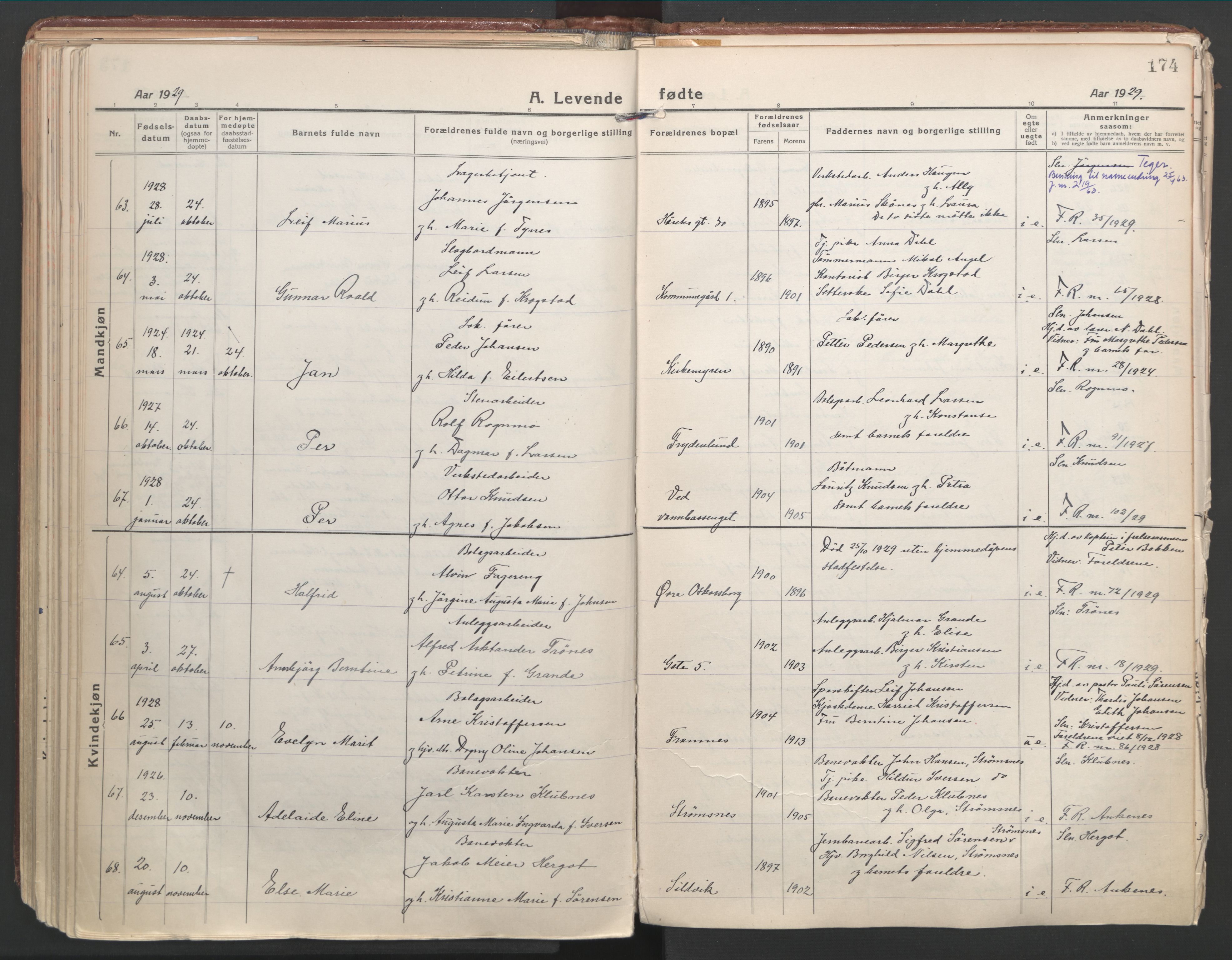 Ministerialprotokoller, klokkerbøker og fødselsregistre - Nordland, AV/SAT-A-1459/871/L1003: Parish register (official) no. 871A19, 1921-1930, p. 174