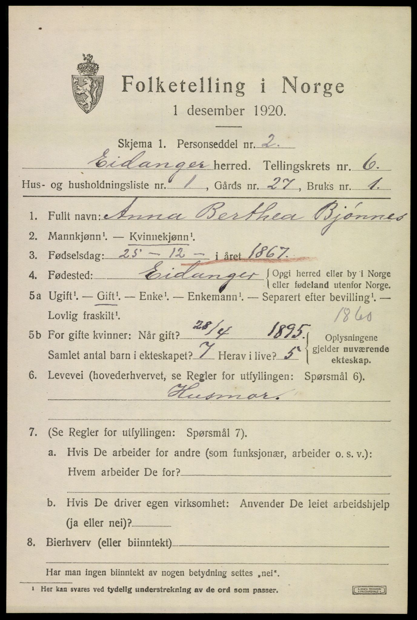 SAKO, 1920 census for Eidanger, 1920, p. 5114