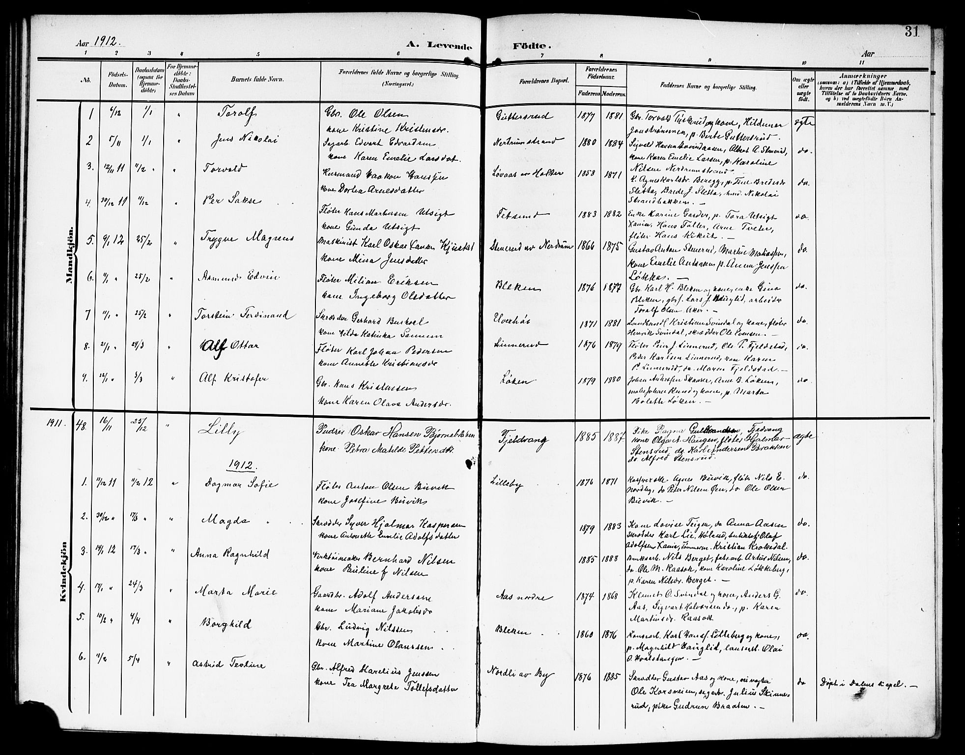 Fet prestekontor Kirkebøker, SAO/A-10370a/G/Ga/L0008: Parish register (copy) no. I 8, 1907-1920, p. 31
