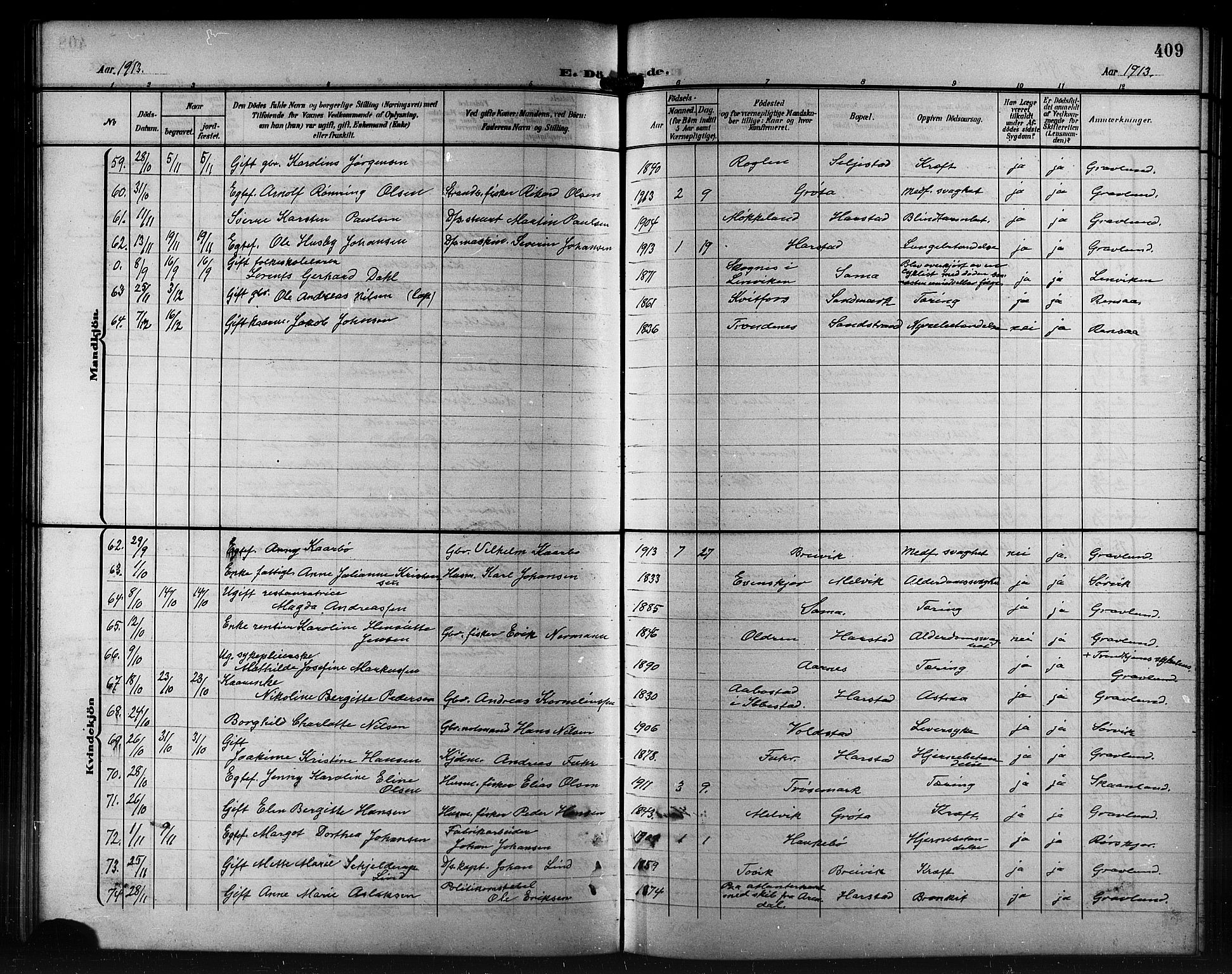 Trondenes sokneprestkontor, AV/SATØ-S-1319/H/Hb/L0012klokker: Parish register (copy) no. 12, 1907-1916, p. 409