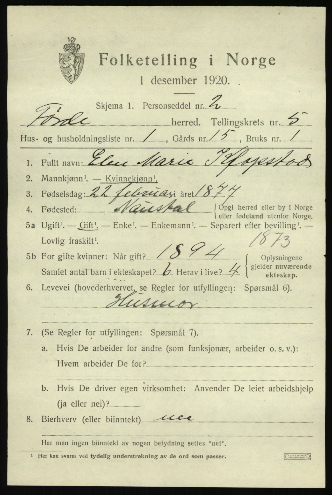 SAB, 1920 census for Førde, 1920, p. 2078