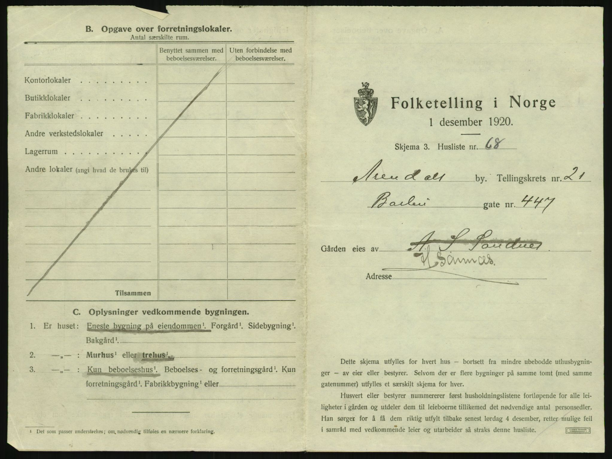 SAK, 1920 census for Arendal, 1920, p. 3364