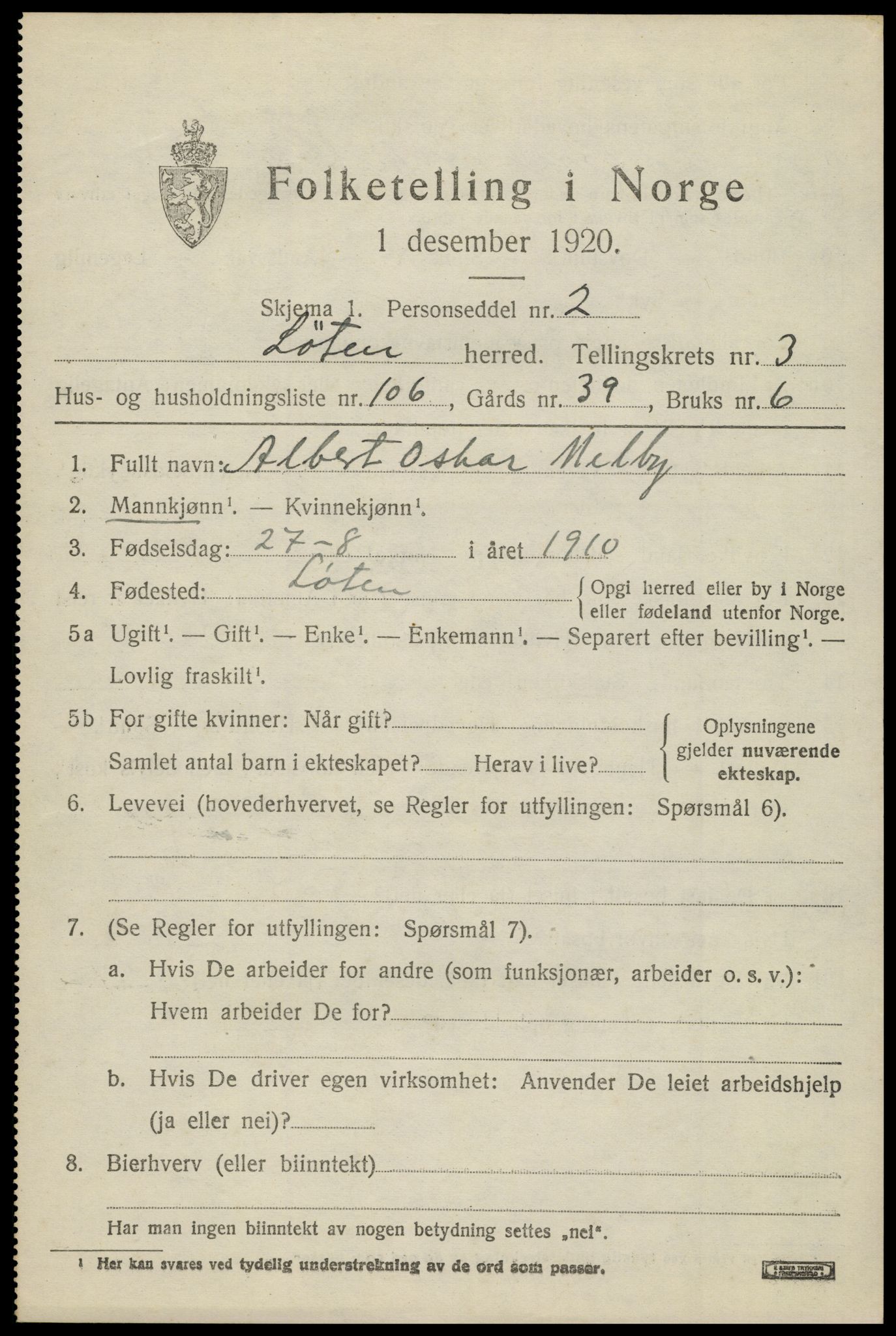 SAH, 1920 census for Løten, 1920, p. 8445