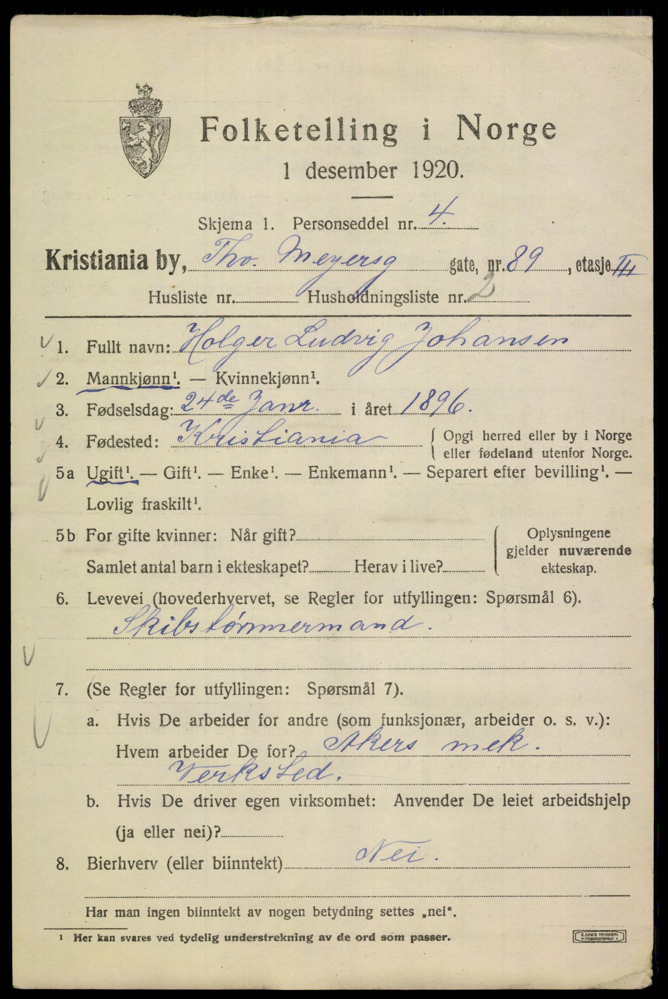 SAO, 1920 census for Kristiania, 1920, p. 580485