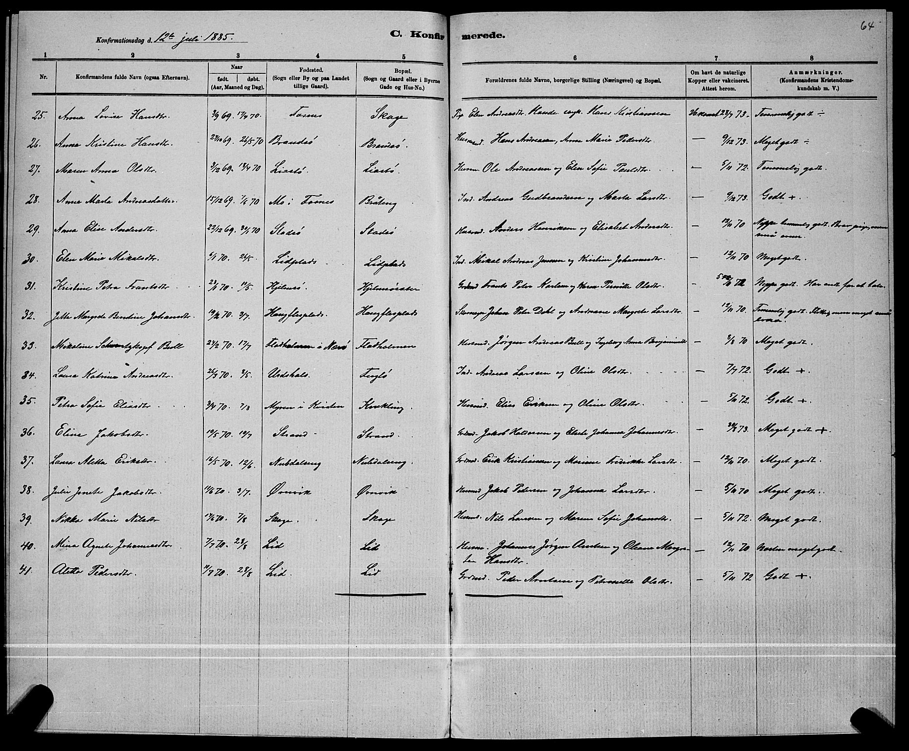 Ministerialprotokoller, klokkerbøker og fødselsregistre - Nord-Trøndelag, SAT/A-1458/780/L0651: Parish register (copy) no. 780C03, 1884-1898, p. 64